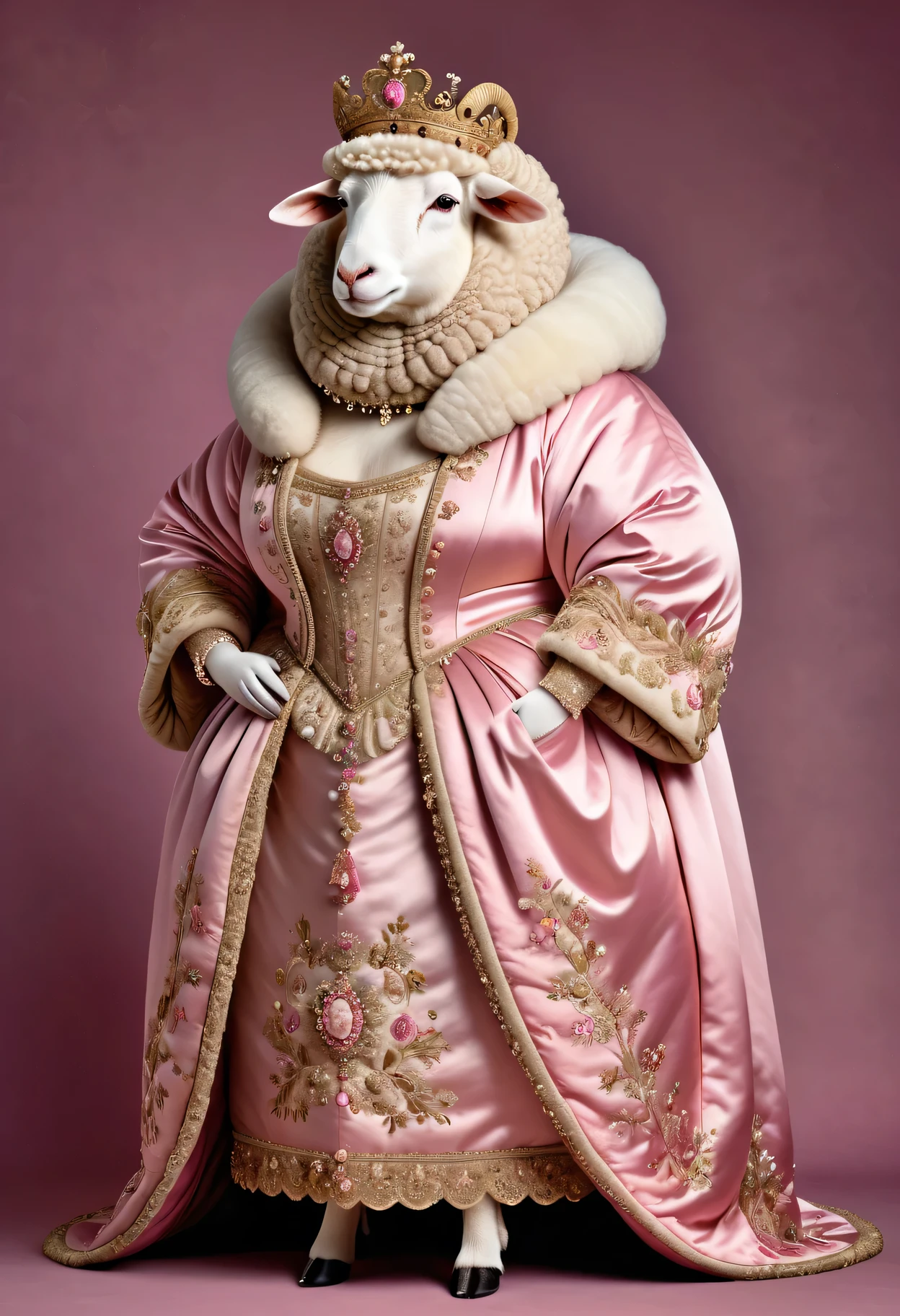 photorealistic portrait of Dressed animals - a ((fat)) ( sheep) Queen, (full body image:1.5),(elegant pose:1.5) Wearing luxury sack-back gown,(wearing luxury tiara),(hands on hips:1.5), Old-fashioned luxury pink and gold clothes, detailed and opulent description of a queen's aristocratic sack-back gown in Rococo style , emphasizing luxurious fabrics, intricate embroidery and ornate accessories, simple background,(looking at viewer:1.5),score_9, score_8_up, score_7_up, score_6_up, score_5_up, score_4_up,