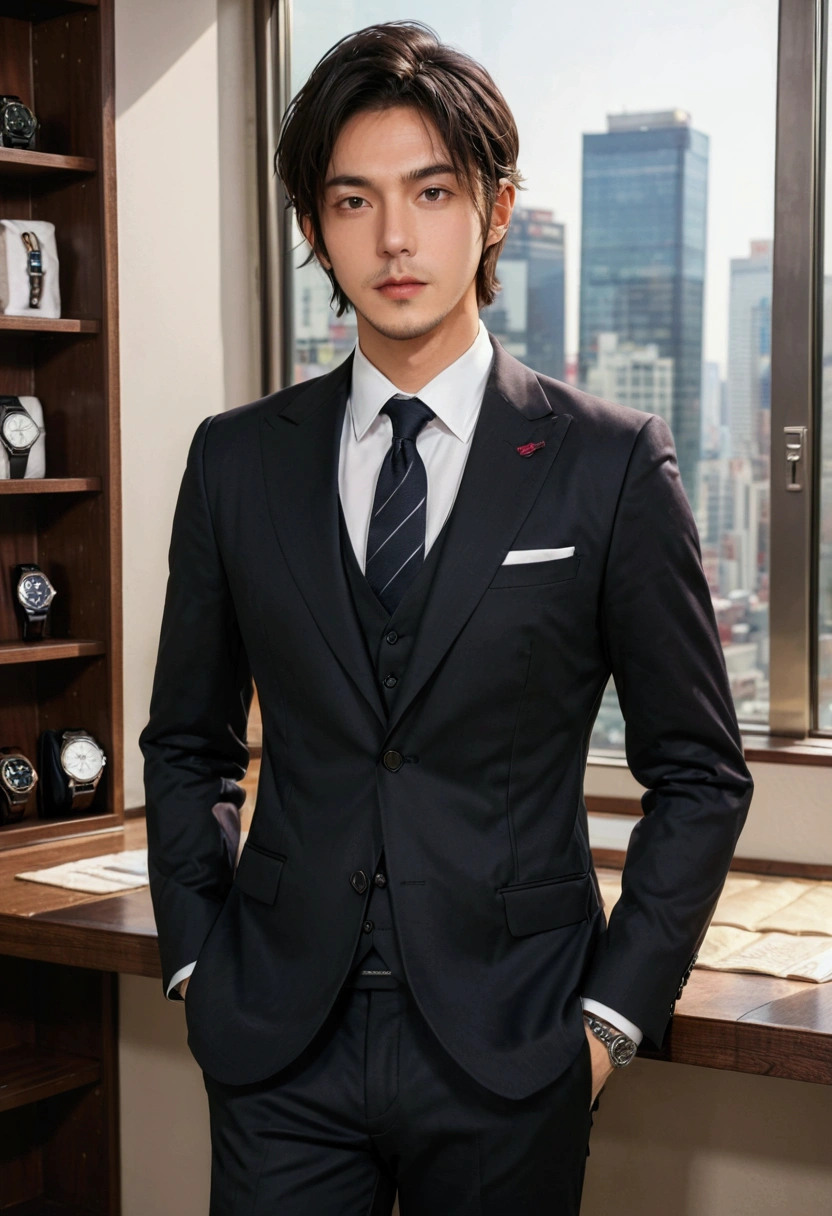 Dark brown suit、 30-year-old handsome employee、Neat hair.It is not advisable to cut the beard short.No beard. (Super handsome S-class suit man)、 Japanese 30-year-old man、 merchant、 Super Deluxe Set、 office、 Put on a suit and stand upSYoung handsome man、 Full body portrait、 (CG Unity 8K High Detail Photos)、 (Very detailed的SThe most handsome boy in the class)、 (The photos are real)、 ((Top quality))、 Very detailed、 (masterpiece)、 Ultra-high quality、 High target、 audience、 gentleman、 Very beautiful hair、 short hair、 Bright photos、 Handsome as a model、 Handsome as an idol、 Luxury watches、 Cool Zone、 Japanese