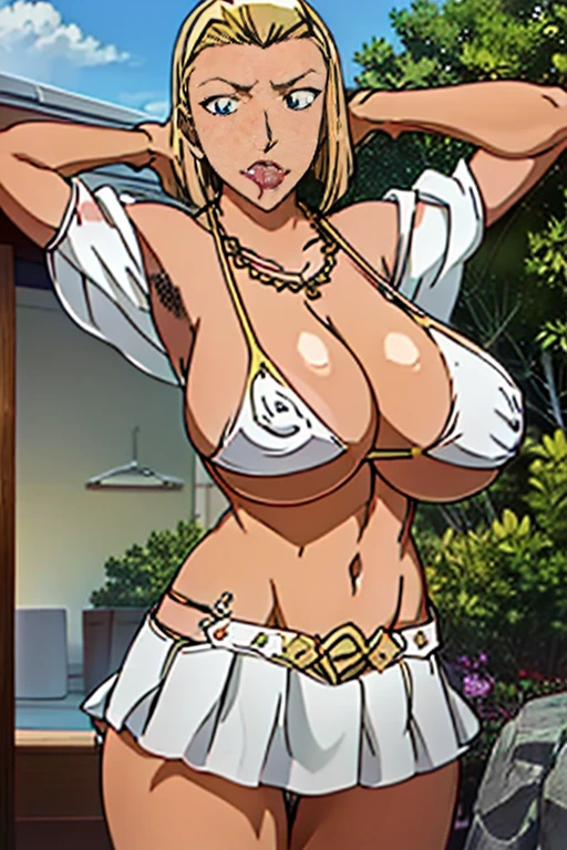 (((Actual Photos,High resolution, 8kHighest quality))),Very detailedな CG Unity 8k 壁紙, Highest quality, Very detailed, Tabletop, Realistic,Very detailedなMature Woman,Mature Woman, ((Huge breasts))Big cleavage ,Big Ass,Big Ass,Thick thighs,Saggy breasts,Tight waist,Wide Hips,(((Off-the-shoulder bikini top:1.2)))、 (Apron Golf Mini Skirt) , (Wearing golf gloves),Wear a sun visor, Beautiful Eyes, ((The shape of the nipples is visible even through clothing))、Realistic female hands、audience, blush,A light smile, Lips parted, Cowboy Shot、 Tight golf wear、Hold your tongue up firmly、Muchimuchi Body,Hard nipples,Nipples are visible,(((ボタンが閉まらないほどHuge breasts)))、Thick thighs、(One Woman)、Tight mini skirt,(((Off-the-shoulder bikini top)))、Big Breasts、Long legs,Knee-high boots、(((Random Pause)))、Golf course、(Full body photo),Golf Tournament、Vulgar female professional golfer, 、(((Gold Necklace:1.4)))、(((Gold jeweled stone gal belt:1.4))),(((Blonde、Black tanned skin、Brown Skin:1.2)))