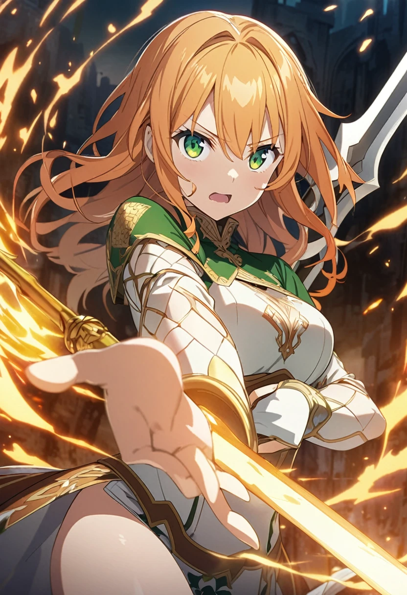 light novel cover of a orange haired Nordic woman with green eyes holding a spear in her hand, anime, 4k, no words