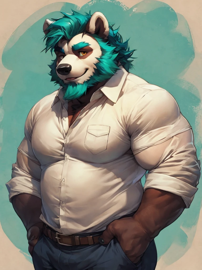 Solo, SemiMuscular Medium thin, male middle aged, anthro Badger, Master of Philosophy, black and creamy white fur, body beauty of a bluish-green tone, thin beard, Amber eyes, flirting, dynamic light, opened Shirt, Spectacles, thick shirt, Middle age, Teal hair and beard, extremely hot and sexy, Daddy figure, hot daddy, by darkgem, by zixiong, by glitter trap boy
