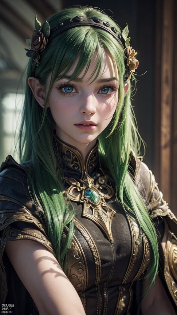 a goblin and human girl, green goblin, beautiful detailed eyes, beautiful detailed lips, extremely detailed facial features, long eyelashes, fantasy portrait, whimsical, magical, intricate details, dramatic lighting, vibrant colors, warm tones, fantasy art, digital painting, (best quality,4k,8k,highres,masterpiece:1.2),ultra-detailed,(realistic,photorealistic,photo-realistic:1.37)