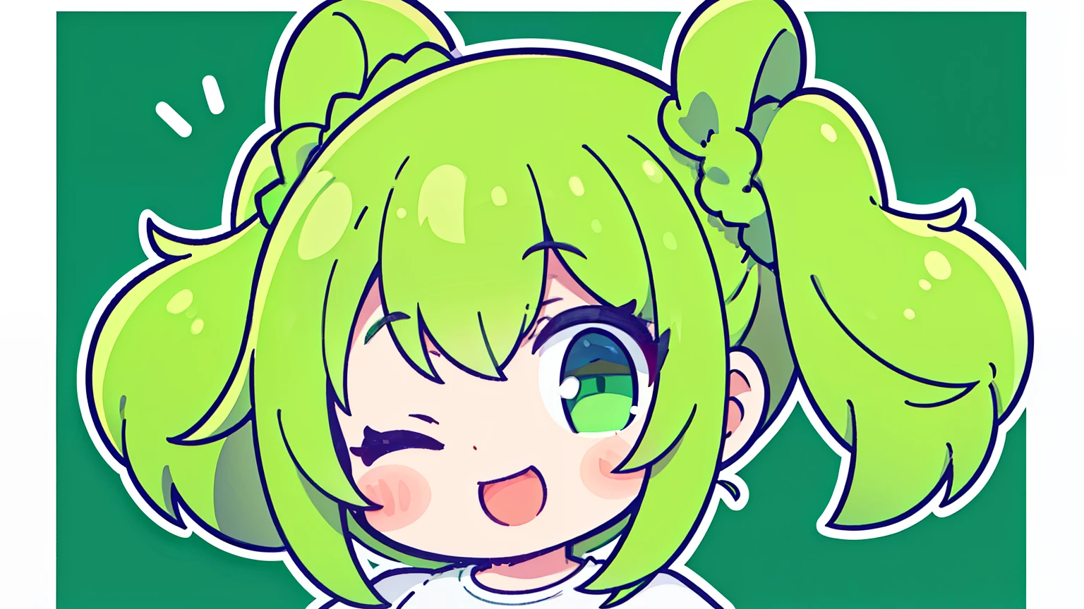 masterpiece, beautiful detailed, 1girl, (Oversized plain T-shirt), green Eyes, green hair, one side up, medium breasts, hair scrunchie, one eye closed wink, big smiling, selfie, green theme, (((bold outline))), limited palette
