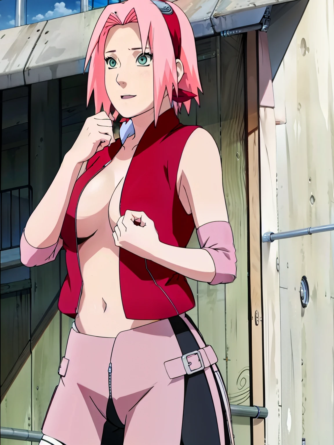 Sakura Haruno showing her belly with open zipper and open top showing her sexy breasts