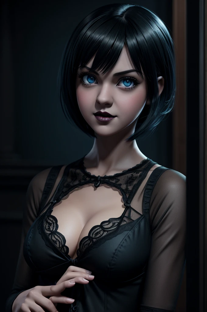 mavis ultra hd image, blue eyes, short black hair, BLACK LIPS, black shirt, Hotel Transylvania character, Animation female character., Gothic appearance style, illustration, Conceptual art, textura ultra hd, Best Quality, ghibli style anime, lingerie 