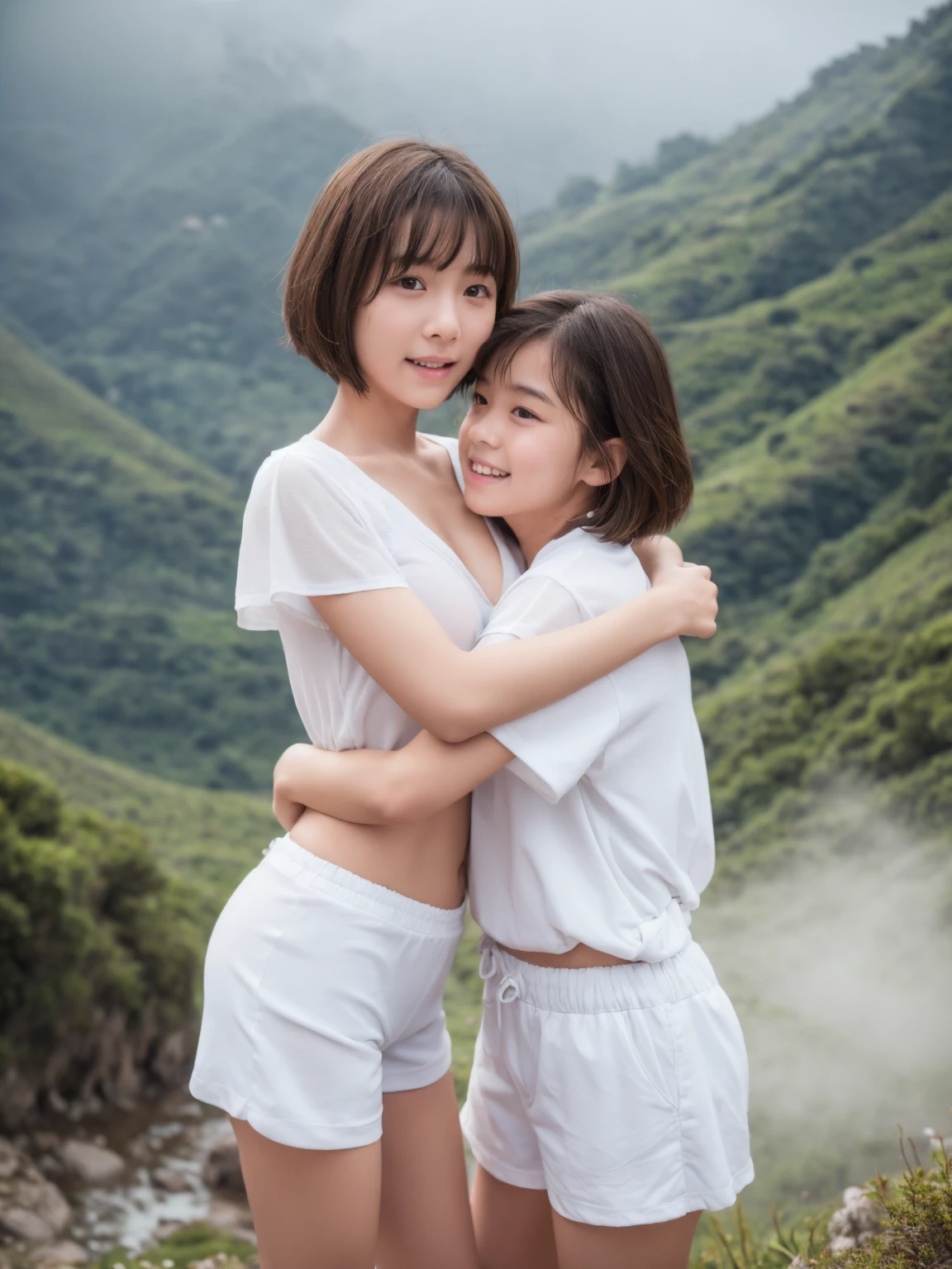 cute girl  medium breasts sho Wear a white shirt, tight shorts hugging big director old man, on a high mountain Behind there is beautiful nature and a sea of ​​mist, realistic 4k
