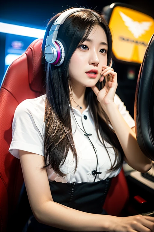 (8k, best quality, masterpiece:1.2), (realistic, photo-realistic:1.37), ultra-detailed, detail fingers, realistic fingers, A detailed portrait of 1 Gamer Girl, 22 year old girl, e girl, pale skin, perfect body, wearing maid clothes, cute pink headphone, sitting in a cute pink gaming chair, closed mouth, flat expression. The scene is illuminated with professional lighting, photon mapping, and radiosity, with Tetsuya Nomura Style. Blur bokeh effect, realistic light, StarCraft, Progamer, SFW.)