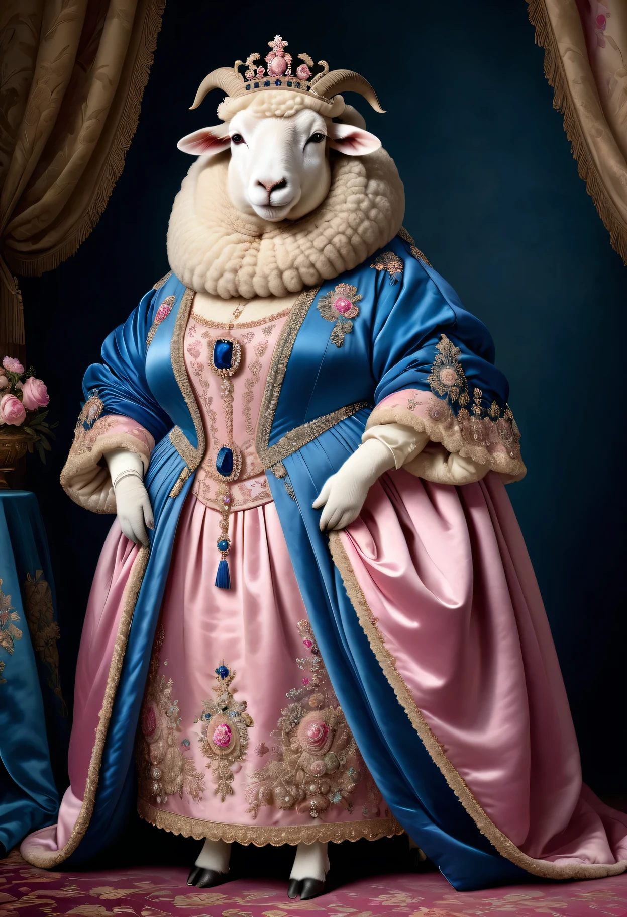 photorealistic portrait of Dressed animals - a ((fat)) ( sheep) Queen, (full body image:1.5),(elegant pose:1.5) Wearing luxury sack-back gown,(wearing luxury tiara),(hands on hips:1.5), Old-fashioned luxury loyal blue and pink clothes, detailed and opulent description of a queen's aristocratic sack-back gown in Rococo style , emphasizing luxurious fabrics, intricate embroidery and ornate accessories, simple background,(looking at viewer:1.5),score_9, score_8_up, score_7_up, score_6_up, score_5_up, score_4_up,