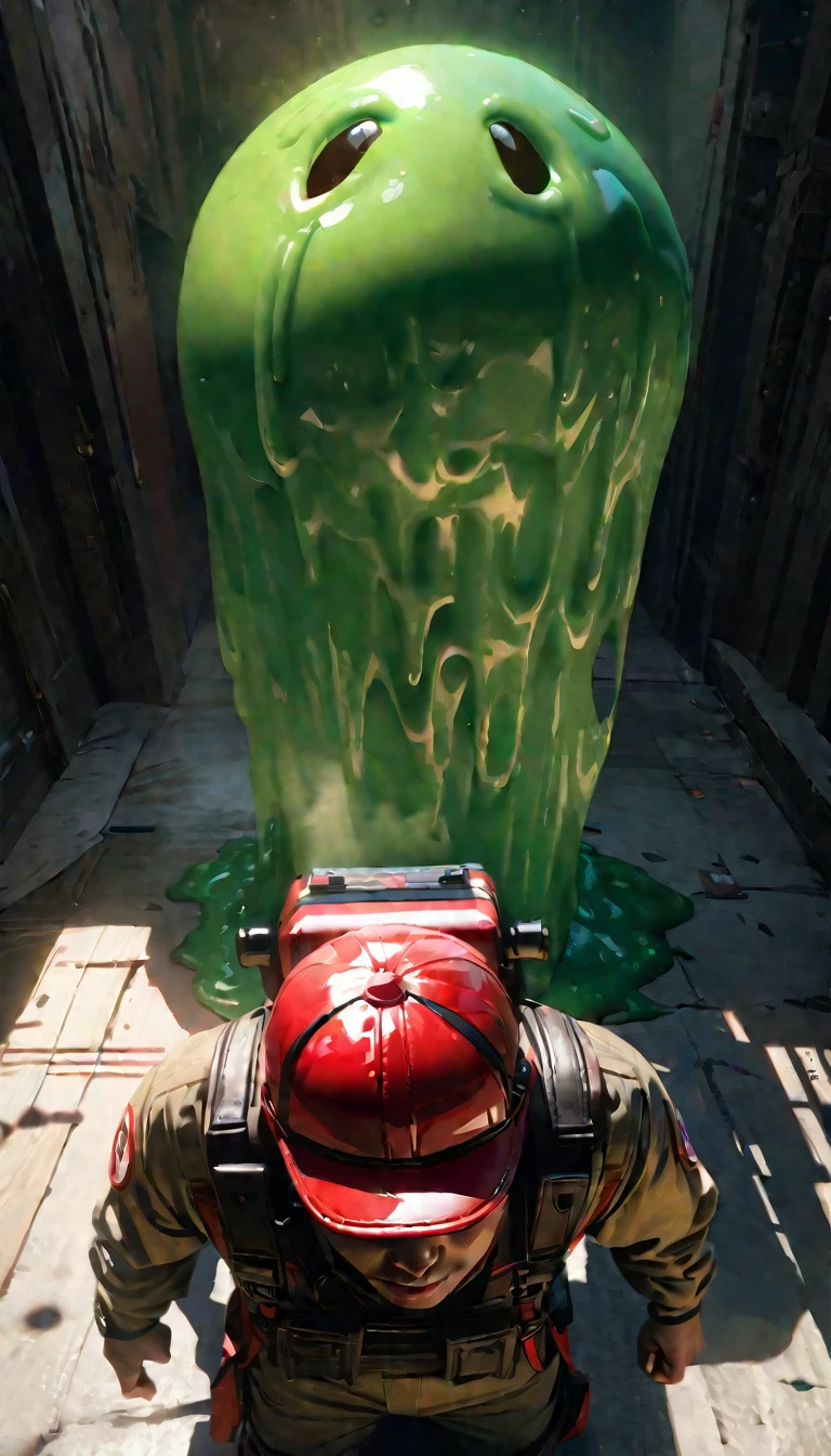 A ghostbuster covered in gooey green slime, realistic detailed digital painting, 1 ghostbuster, green slimecovered ghostbuster, hyperrealistic, extremely detailed, cinematic lighting, volumetric fog, dramatic shadows, intense colors, vibrant, dramatic composition, masterpiece, cinematic, best quality, 8k, photorealistic