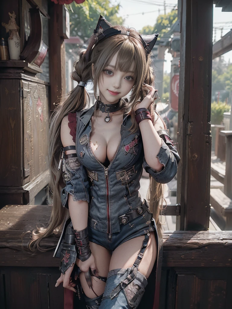 (Full Body View:1.2)、(Side view:1.1)、(Smiling with teeth showing:1.3),(Shibuya Gal:1.5)、(Beautiful:1.5)、(Punk RockVisual Kei:1.4)、(Burgundy denim with khaki and brown medieval tattered zip up:1.5)、(Wine red arm covers and tattered bugle pants:1.5)、(Wine red high heels:1.3)、(Wearing silver accessories:1.5)、(Dark brown collar:1.4)、(Leather garter belt:1.4)、(Red skin belt:1.3)、(Red lace underwear:1.5)、30 years old、NSFW、((Highest quality、In 8K、masterpiece:1.3))、Sharp focus:1.2、(Layered Cut、Huge boobs:1.1),Beautiful woman with perfect figure:1.4、(Doing an aerobics pose:1.3)、Slender Abs:1.2、Highly detailed face and skin texture、Detailed eyes、double eyelid,(Twin tails:1.3)、(Brown-golden hair:1.3)、Gravure idol、(A fairytale-like cafe with a vast, dense tree background:1.3)、(Slim Body:1.3),(Make your legs thinner:1.4),(Thin, thin thighs:1.3)、（clavicle:1.1）
