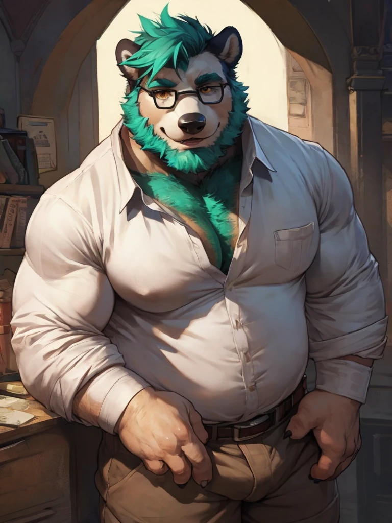 Solo, SemiMuscular Medium thin, male middle aged, anthro Badger, Master of Philosophy, black and creamy white fur, body beauty of a bluish-green tone, thin beard, Amber eyes, flirting, dynamic light, opened Shirt, Spectacles, thick shirt, Middle age, Teal  hair and beard, extremely hot and sexy, Daddy figure, hot daddy, by darkgem, by zixiong, by glitter trap boy