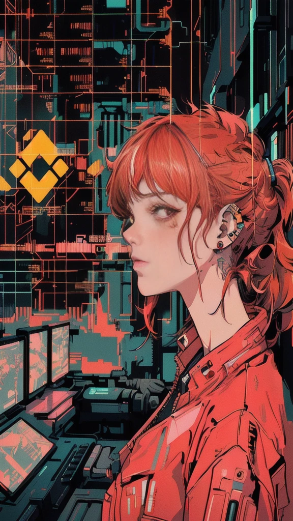 anime girl with red hair and piercings looking at a computer screen, cyberpunk anime art, modern cyberpunk anime, digital cyberpunk anime art, cyberpunk art style, laurie greasley, digital cyberpunk - anime art, in style of laurie greasley, laurie greasley and james jean, digital cyberpunk anime!!, detailed cyberpunk illustration, cyberpunk illustration, cyberpunk vibes