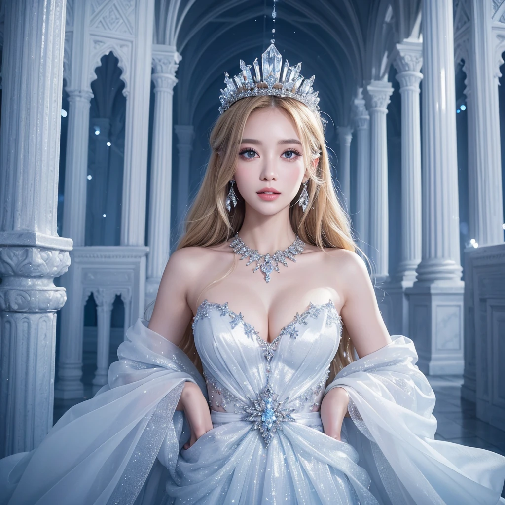 ((highest quality、table top、8K、best image quality、extremely complex and detailed depiction))、one snow princess、(The most detailed and luxurious shining ice palace cathedral:1.2)、(Inside a huge palace made of the most fantastic ice and crystals:1.2)、(The most fantastic cathedral made of intricate glowing ice:1.2)、(A palace made of intricately shining transparent ice:1.2)、Elegant palace pillars made of ice and crystal、(A symmetrical composition from the front:1.2)、palace decorated with jewels、Inside the symmetrical palace、very romantic、sacred and mysterious palace、(Filled with a fantastic light blue light:1.1)、Beautiful shining crystal、The most luxurious and highest quality giant tiara、The most luxurious and highest quality giant necklace、big and full 、skin as white as snow、glowing skin、(A glittering silver-white jeweled dress of the highest quality:1.1)、Elegant and beautiful pure white snow dress、elegant decoration、Diamond Decoration、artistic decoration、Luxury beyond imagination、skin as white as snow、eyeshadow, long eyelashes, light blue eyes,glowing skin、Dresses that shine in silver、jewelry embellishments、Luxury beyond imagination、The most gorgeous decorations in the world、Diamond dust、The most realistic and complex backgrounds、Highly detailed and realistic background、the best smile when you look at me、shining snow is falling、(Princess upper body photo:1.1)、(blurred background:1.1)、(Filled with fantastic, fairy-tale lights:1.1)、(beautiful blond hair:1.1)、epic movie lighting、Natural forehead、Complex and detailed background、the most subtle fantastic brilliance、Backgrounds with depth,makeup face, asian girl,makeup face