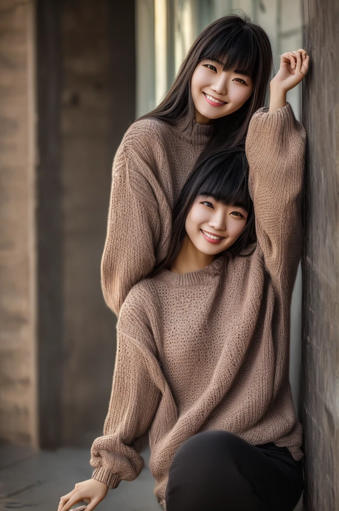 Beautiful Chinese woman, 23 years old, with bangs; home cozy clothes, dark pants, Light-colored sweater; joyful, carefree, smiling, squinted eyes, sincere happiness, joy, serenity, Enjoying the moment.(masterpiece, accuracy, Shine, 8 K)