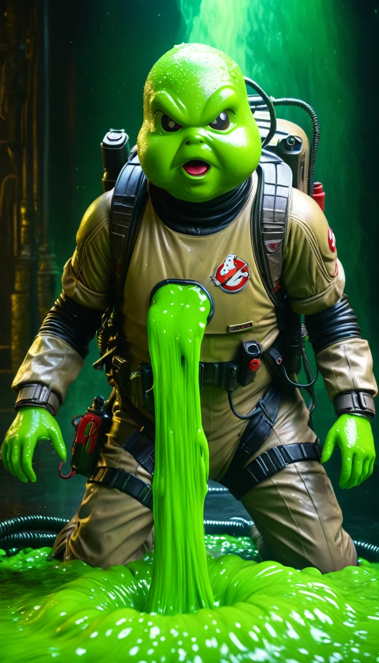 A ghostbuster covered in gooey green slime, realistic detailed digital painting, 1 ghostbuster, green slimecovered ghostbuster, hyperrealistic, extremely detailed, cinematic lighting, volumetric fog, dramatic shadows, intense colors, vibrant, dramatic composition, masterpiece, cinematic, best quality, 8k, photorealistic