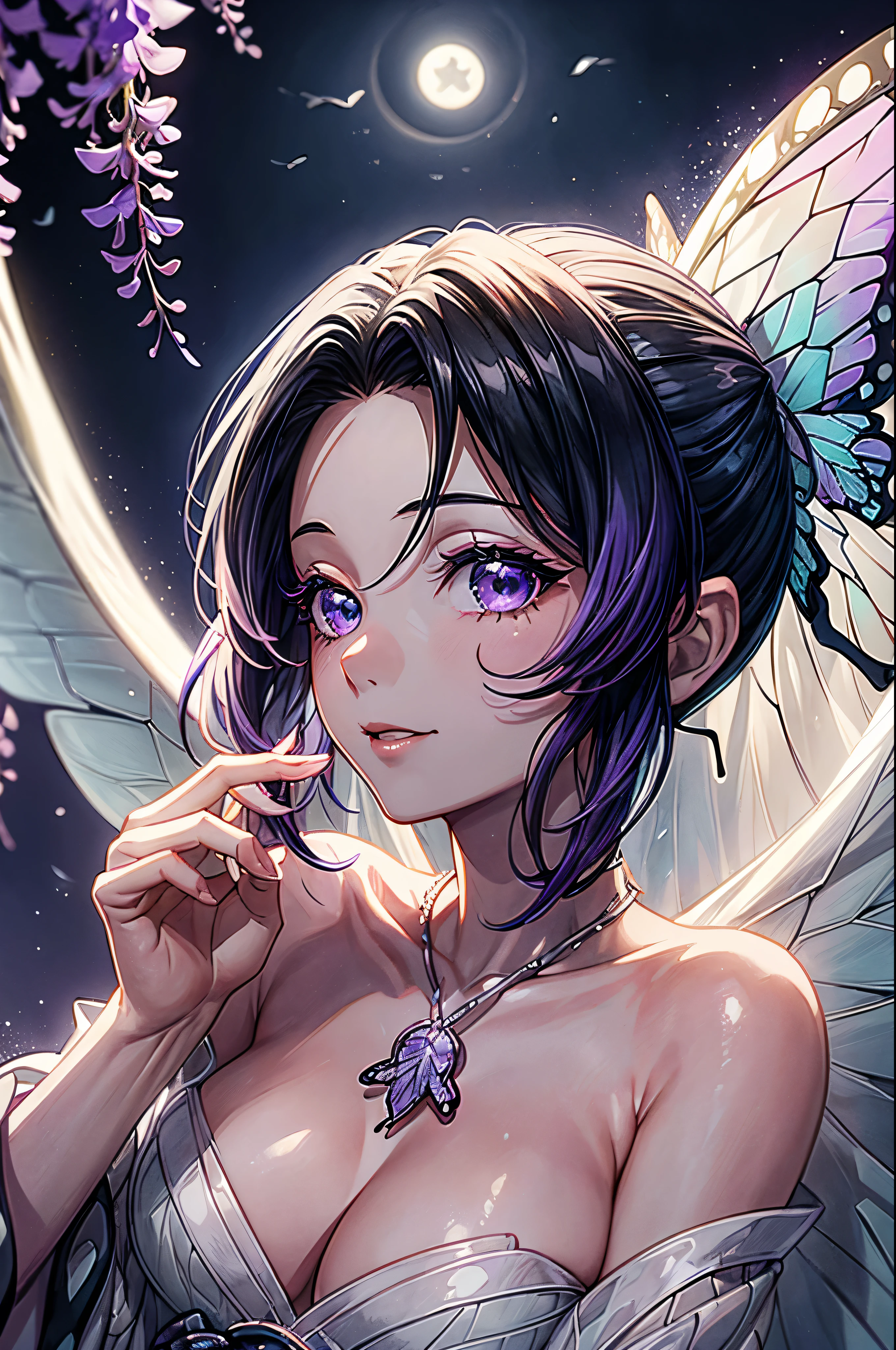 (masterpiece, best quality:1.3), (absurdres absolutely resolution), (8k wallpaper), (detailed beautiful face and eyes), (detailed illustration), (super fine illustration), (vibrant colors), (professional lighting), (increasing the weight makes things worse), BREAK, (shinobu Kocho), (erfly hair ornament), (purple sparkling eyes), (multicolored hair), (short hair), (parted bangs), (white porcelain skin), shiny hair, medium breaight-pink lips), BREAK, (smile), full body, looking away, depth of field, outdoors, (large full moon:1.3), (moonlight:1.3), (night:1.4). (darkness:1.4), (starry sky:1.3), (((neon lighting butterfly s))), (wisteria), cinematic shadows, (cinematic lighting:1.2), (in ufotable style), BREAK, (white Silk princess line wedding dress:1.3), (white wedding veil:1.3), (Amethyst Necklace), (Amethyst earrings), (Old church),((angel wings:1.4))