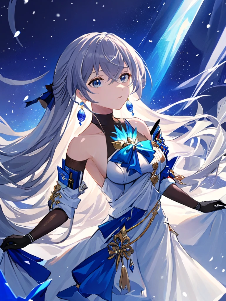 ultra-detailed,(best quality),((masterpiece)),(highres),original,extremely,1girl,Bronya, 1girl, solo,  blue eyes, very long hair,earrings, jewelry, gloves, dress,  black gloves, bare shoulders, breasts,  white dress, elbow gloves,  sleeveles,