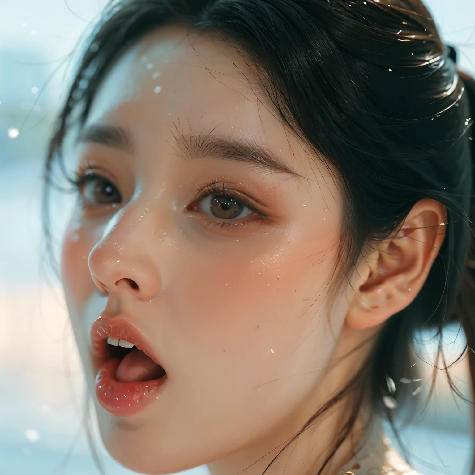 ExtremelyDetailed Kawaii girl Face,(Close-up Sweet lips), glossy lips with beautiful details, Coquettish tongue, Kissing to camera, towards the viewer, 8K TopQuality masterpiece,an extremely delicate and beautiful (ProfessionalPhoto:1.37), {Amazing|finely detail|official art|incredibly absurdres},ultra-detailed close-up shot, close up, (fish eye lens), wide lens, macro lens, Detailed reflective Eyes ElaboratePupils with (sparkling highlights:1.28) (Delicate Voluminous LongEyelashes:0.88), {(Tilted face:1.22)|Visible back of throat|saliva drips|naked shoulder}, (Dripping juice on tongue:1.23) snow particles
