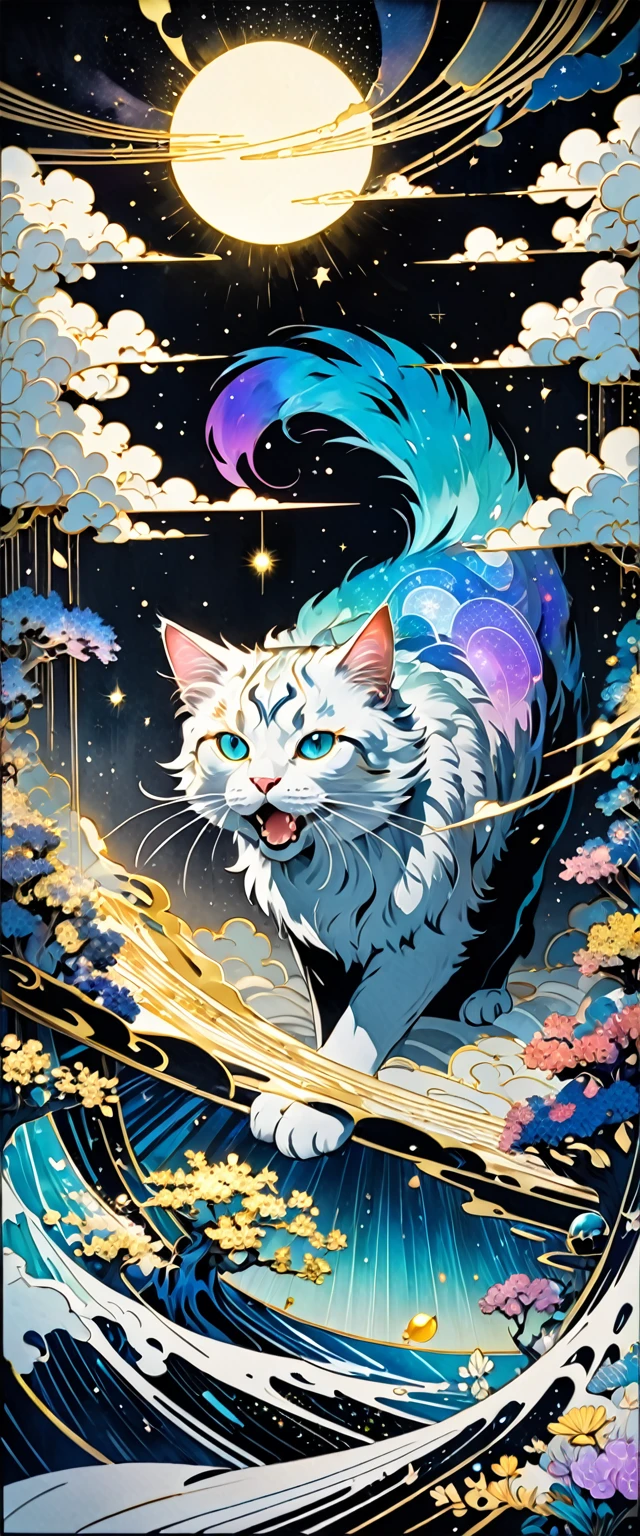 gold line art effects, fusion of watercolors and oil paintings, fusion of paper cutting and shadow puppetry, mix of monochrome and color, cool fluffy cat with golden lines, a divine beast, a jewel, cosmic rays, transparent, iridescent, good luck picture, conceptual installation art, (ultra detailed, absolutely resolution, best quality:1.3), 2.5D, delicate and dynamic, hyper realistic, artistic photography, graphic CG digital art, shading effects, gradation magic effects, glitter effects, moonlight effects, foggy filter effect, mix of Japanese painting, ukiyo-e and woodblock prints