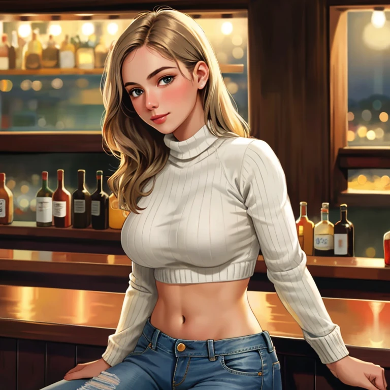 8k, best quality, realistic photos, realistic details, clear face, delicate facial features, real skin shine, a cute girl, shy, facing the camera, girl sitting in a bar in a gray fishnet sweater and tight denim, clear bar background, sea view, arms on bar counter, hips, slim body, big breasts, 24 years old, charming, seductive eyes