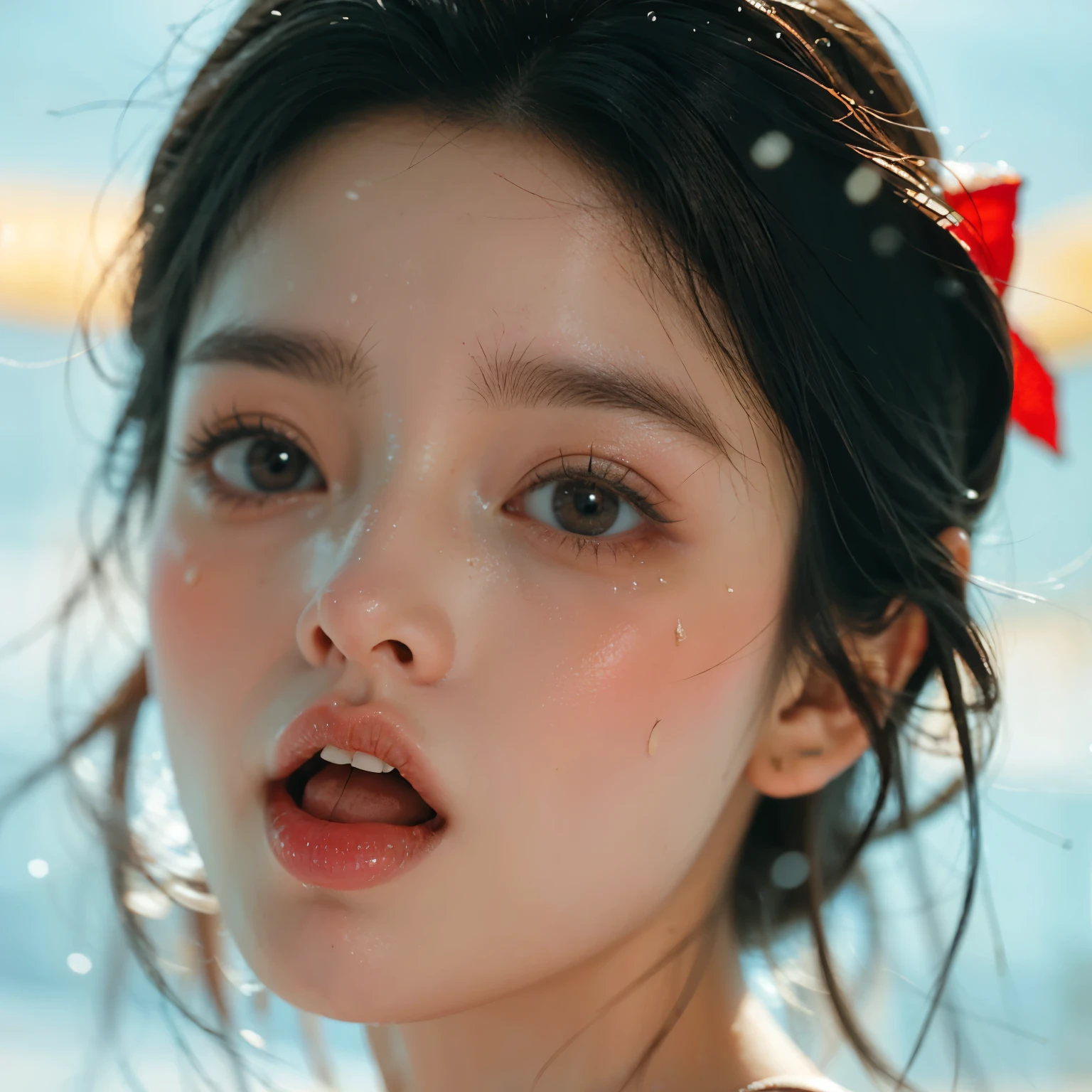ExtremelyDetailed Kawaii girl Face,(Close-up Sweet lips), glossy lips with beautiful details, Coquettish tongue, Kissing to camera, towards the viewer, 8K TopQuality masterpiece,an extremely delicate and beautiful (ProfessionalPhoto:1.37), {Amazing|finely detail|official art|incredibly absurdres},ultra-detailed close-up shot, close up, (fish eye lens), wide lens, macro lens, Detailed reflective Eyes ElaboratePupils with (sparkling highlights:1.28) (Delicate Voluminous LongEyelashes:0.88), {(Tilted face:1.22)|Visible back of throat|saliva drips|naked shoulder}, (Dripping juice on tongue:1.23) snow particles

