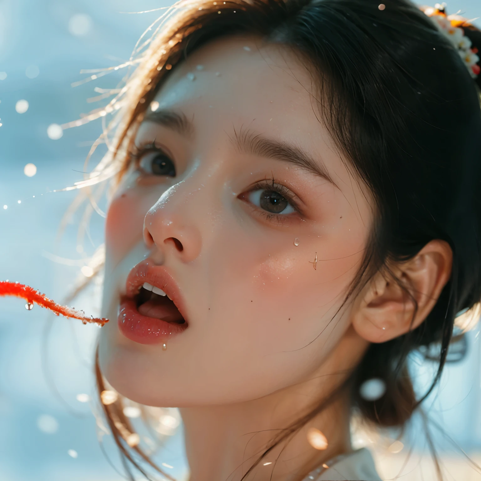 ExtremelyDetailed Kawaii girl Face,(Close-up Sweet lips), glossy lips with beautiful details, Coquettish tongue, Kissing to camera, towards the viewer, 8K TopQuality masterpiece,an extremely delicate and beautiful (ProfessionalPhoto:1.37), {Amazing|finely detail|official art|incredibly absurdres},ultra-detailed close-up shot, close up, (fish eye lens), wide lens, macro lens, Detailed reflective Eyes ElaboratePupils with (sparkling highlights:1.28) (Delicate Voluminous LongEyelashes:0.88), {(Tilted face:1.22)|Visible back of throat|saliva drips|naked shoulder}, (Dripping juice on tongue:1.23) snow particles