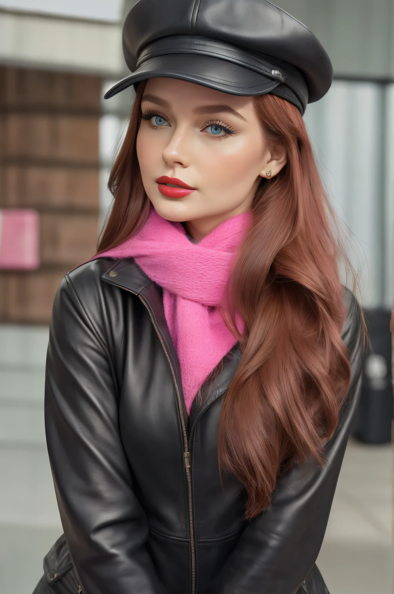 photorrealistic, best qualityer, hyper detailled, selfie shot, trunk. marvelous, bonitas, warm heart, kindness, Good Heart, splendid, happy, dolce, educated, confidential, sensible, Ablaze, enchanting, appealing, dreamers, gracious, chic, fashionable, Russian woman with extra long flowing red hair with the cutest face, light porcelain skin, soft makeup, red lipgloss stick, She's wearing a leather jacket, riding boots, a black newsboy cap and a pink scarf.
