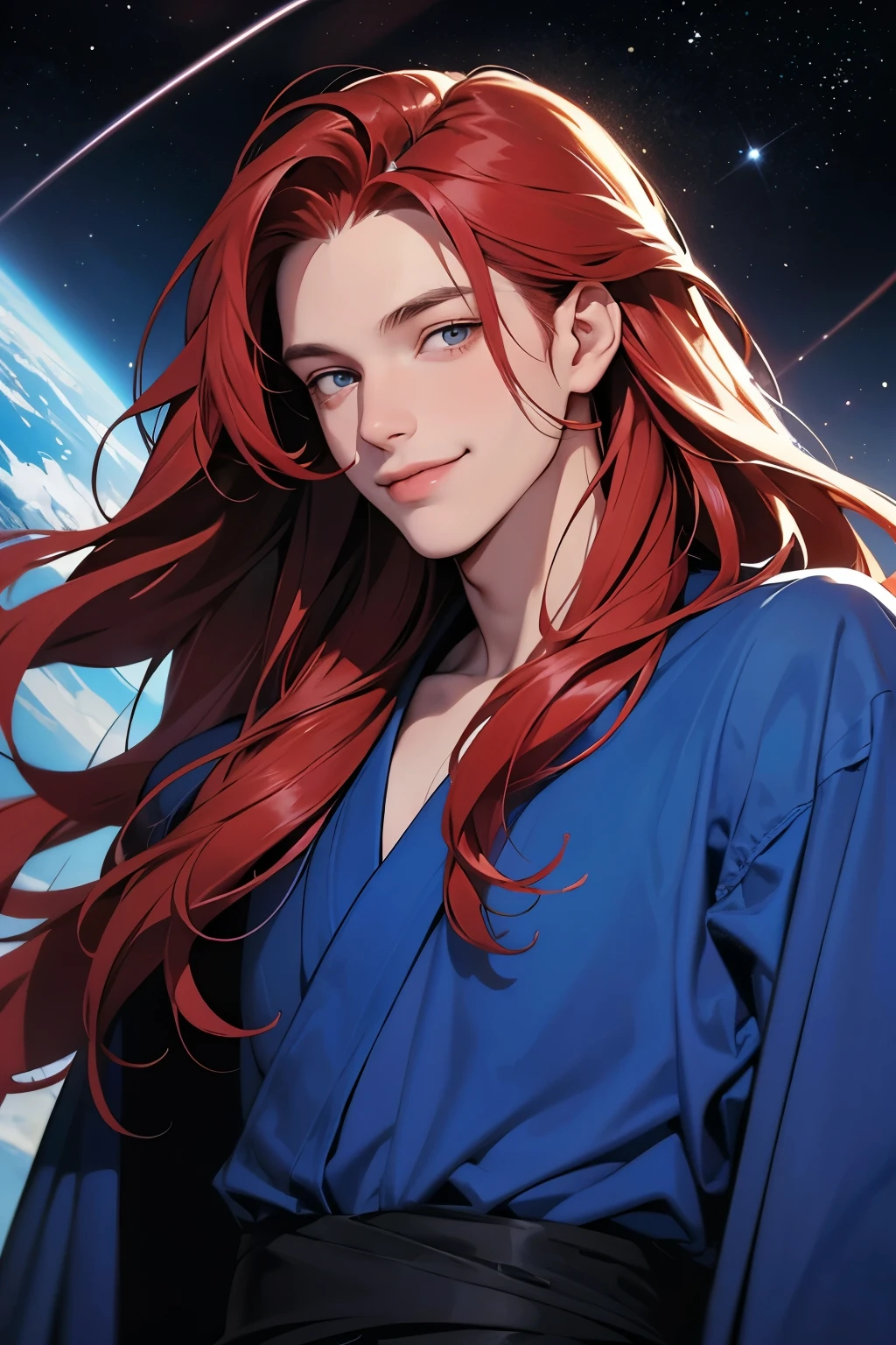 The man is smiling evilly.A beautiful man. Twenty-five years old. He has long red hair. He is looking at the camera with a defiant look in his eyes. A sly smile appears on his lips. He is wearing a blue robe. An image of outer space and the Earth floating in it behind him.