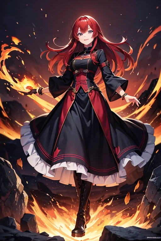 Anime Art、Full body portrait、Fantasy World Fire Wizard、In town、A woman around 160cm tall, around 27 years old, wearing a crimson gothic dress, walking surrounded by flames.、Black tights、Red hair medium、Wicked Smile、Creepy Smile、unpleasant laughter、Laughing with mouth open、Fished out eyes、Eyes wide open、Small eyes、Blue Eyes、Platform boots、Gold Bracelet