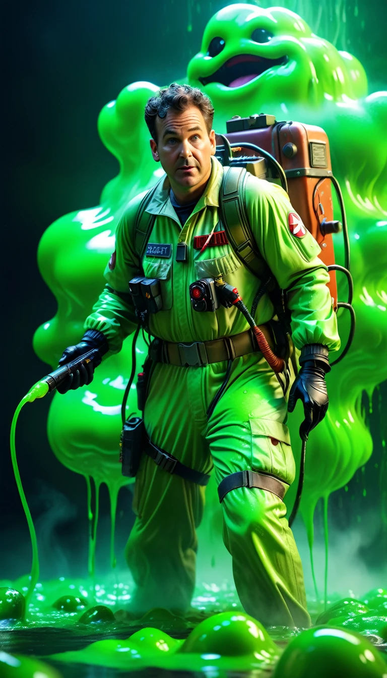 A ghostbuster covered in gooey green slime, realistic detailed digital painting, 1 ghostbuster, green slimecovered ghostbuster, hyperrealistic, extremely detailed, cinematic lighting, volumetric fog, dramatic shadows, intense colors, vibrant, dramatic composition, masterpiece, cinematic, best quality, 8k, photorealistic