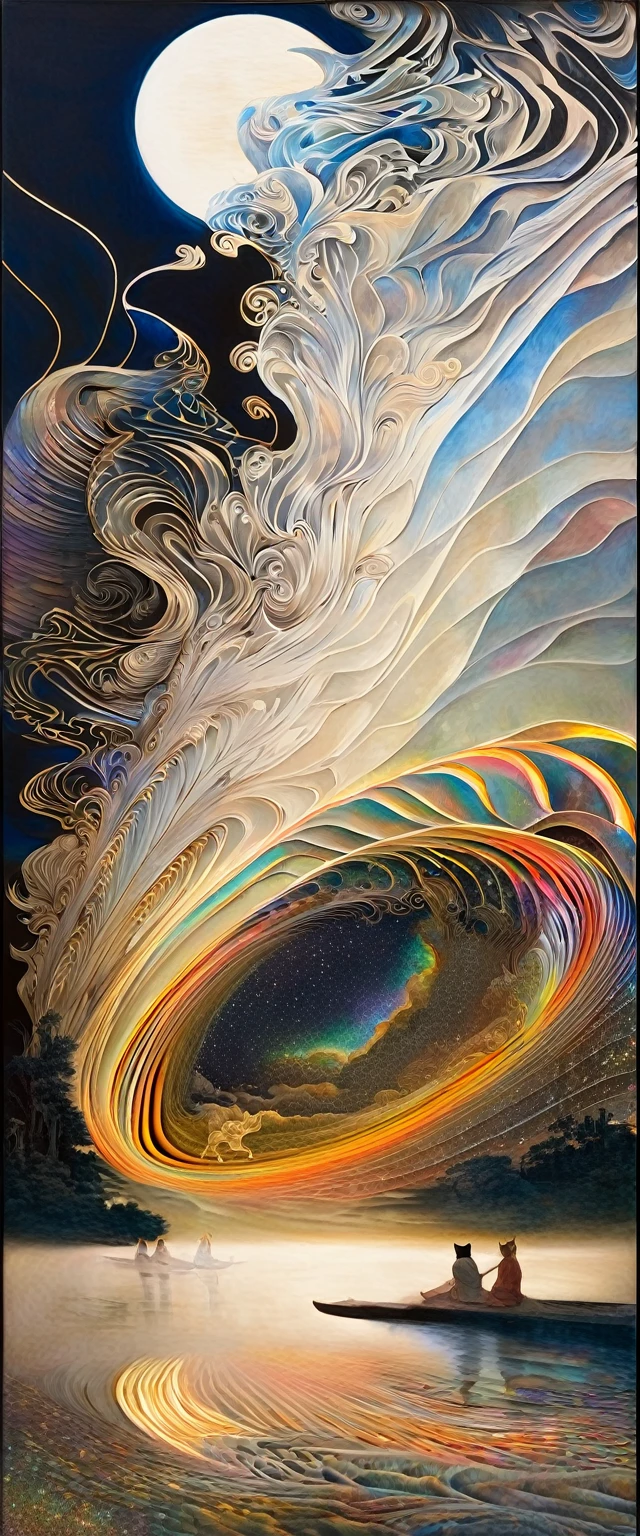 gold line art effects, fusion of watercolors and oil paintings, fusion of paper cutting and shadow puppetry, mix of monochrome and color, cool fluffy cat with golden lines, a divine beast, a jewel, cosmic rays, transparent, iridescent, good luck picture, conceptual installation art, (ultra detailed, absolutely resolution, best quality:1.3), 2.5D, delicate and dynamic, hyper realistic, artistic photography, graphic CG digital art, shading effects, gradation magic effects, glitter effects, moonlight effects, foggy filter effect, mix of Japanese painting, ukiyo-e and woodblock prints