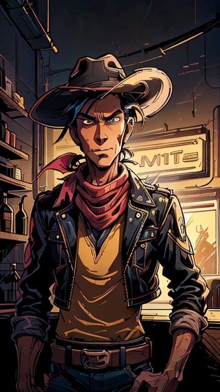 (1man, Lucky luke, yellow top, black jacket, jean, cowboy hat, red bandana), (extremely detailed CG unit 8k wallpaper),(master part), (best quality), (ultra detail), (best illustration),(melhor ombre), cowboy shot, (Sharp eyeliner, ombre, detail eyes), dark,midnight, neon light saloon bar interiors background, ,break , (CyberpunkAI), upper body, short hair, black hair