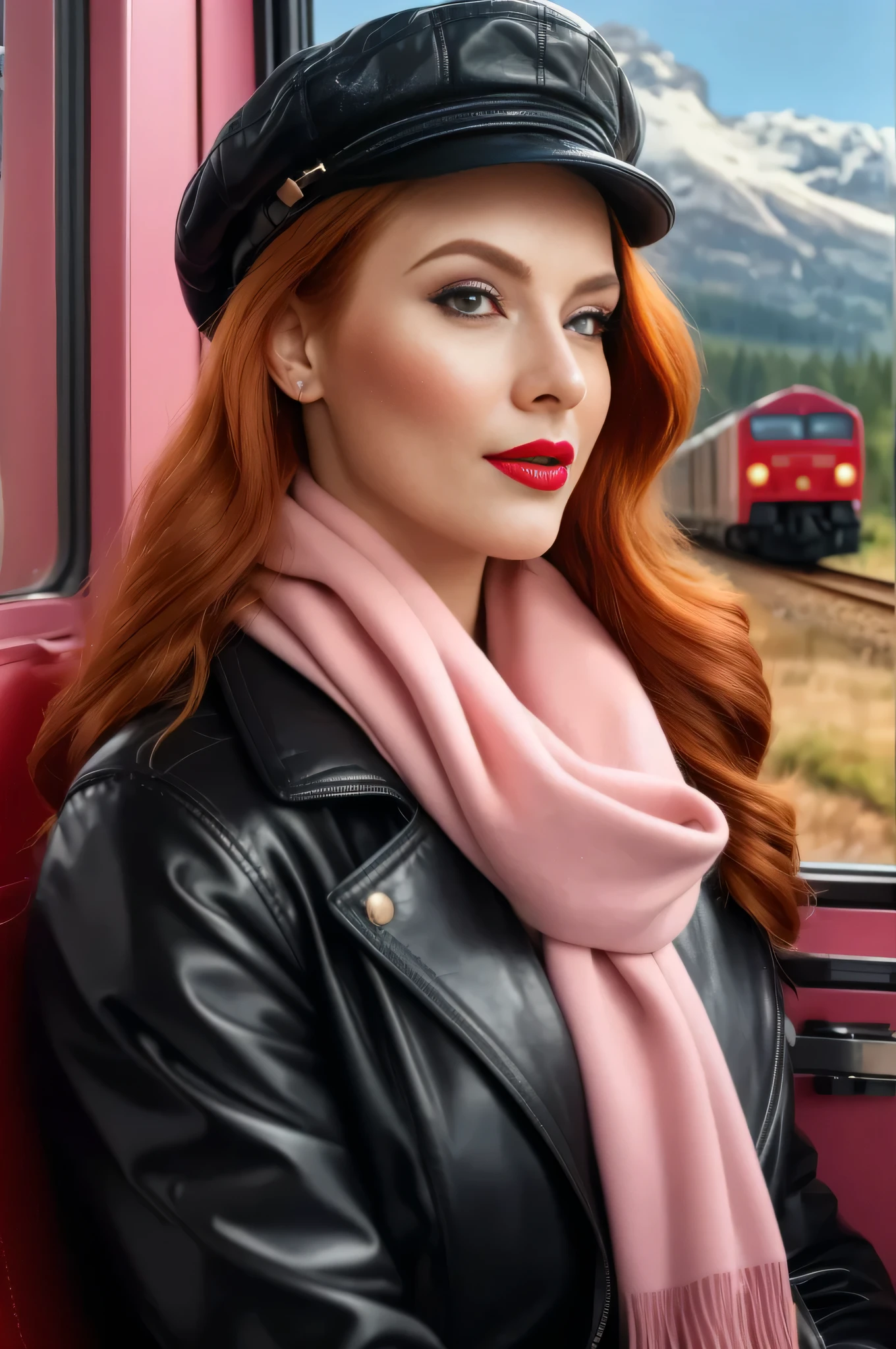 A close-up portrait of a beautiful, comely, deslumbrante mulher russa vestindo uma roupa chic: a leather coat with a black belt, a sweater, and a newsboy cap, and pink scarf. A red-haired woman from Russia, dainty red lips, pastel pink skin tone, smooth, pale, flawless skin, maquiagem chic, bold red lipstick. chice, chic, stylish redhead woman, a majestic lady, dream beauty, ethereal beauty, dainty, confidential, soft, kind, romantic, chap, so feminine and strong, Coraggioso, determined woman. Aparência chic, wavy red hair in flowing, shiny layers. She&#39;s making a photo album, posing for the camera as she rides the train near the windows, professional photograpy, Editorial Photography, portrait photography of a russian model.
