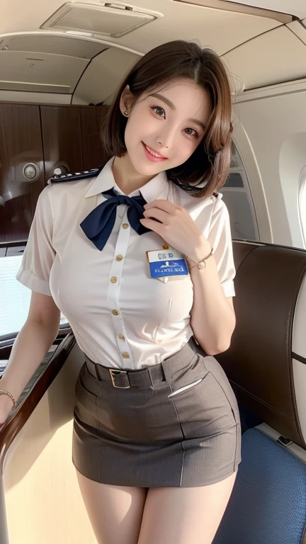 1 female, 20-year-old、Overly detailed face、Detailed lips、Eye for details、double eyelid、Round face、(Brown bob hair、Like an airplane stewardess々Do a good job)、(Stewardess Uniform:1.2)、(Glamorous Body)、(Huge breasts)、(Humidification:1.3), smile、Thighs Thighs Thighs Thighs, that's right, Perfect Image Realism, background: (Business class aisle on airplane:1.2), Cowboy Shot, 세심한 background, Attention to detail in costumes, A perfect read、Surrealism、(Realistic:1.4)、Maximum resolution 8K, (masterpiece), Very detailed, Professional,Her cleavage is visible, Panties are visible