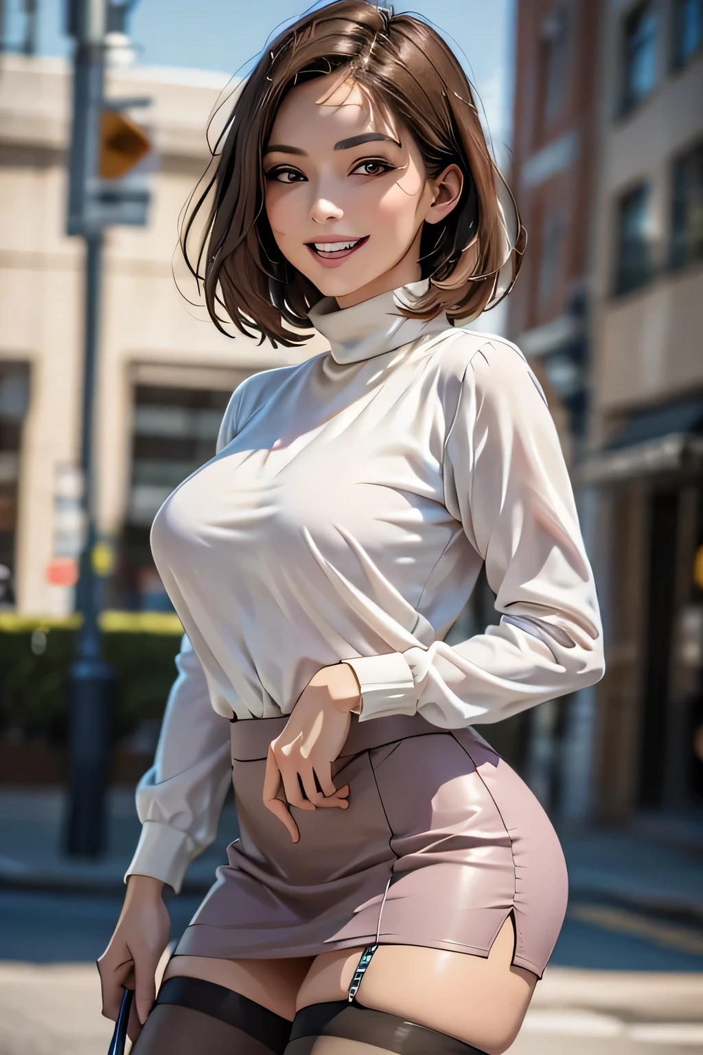 ((masterpiece)), ((Highest quality)), ((Complex)), ((超Realistic)), (Realistic), (Mature Woman), ((No classes)), Very detailed, 1 girl, (Big Breasts), eyelash, double eyelid, (Beautiful Teeth), Grin, Brunette bob hair, Brown eyes, (Lilac long turtleneck), (Red tight mini skirt), ((Thighs)), (stockings), (background: underground), detailed background, Perfect Eyes, Captivating eyes, Looking at the audience