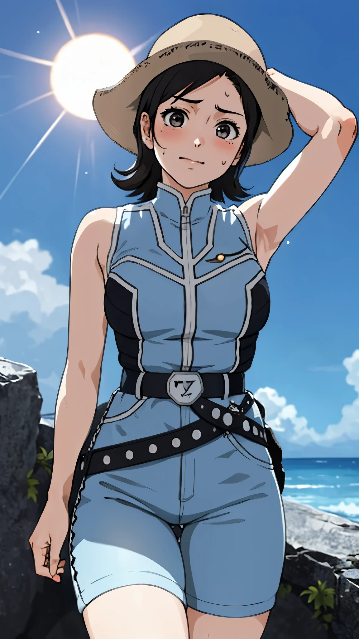 masterpiece, best quality, solo,1girl,looking at viewer,, cowboy shot,sea,anime style,
anne、Ultra Guard Interior、Midsummer sun background、Very hot look、Sweating profusely on the face、Bring out the armpits、Show off your thighs、Sweaty legs、Cool Biz、Covered in sweat