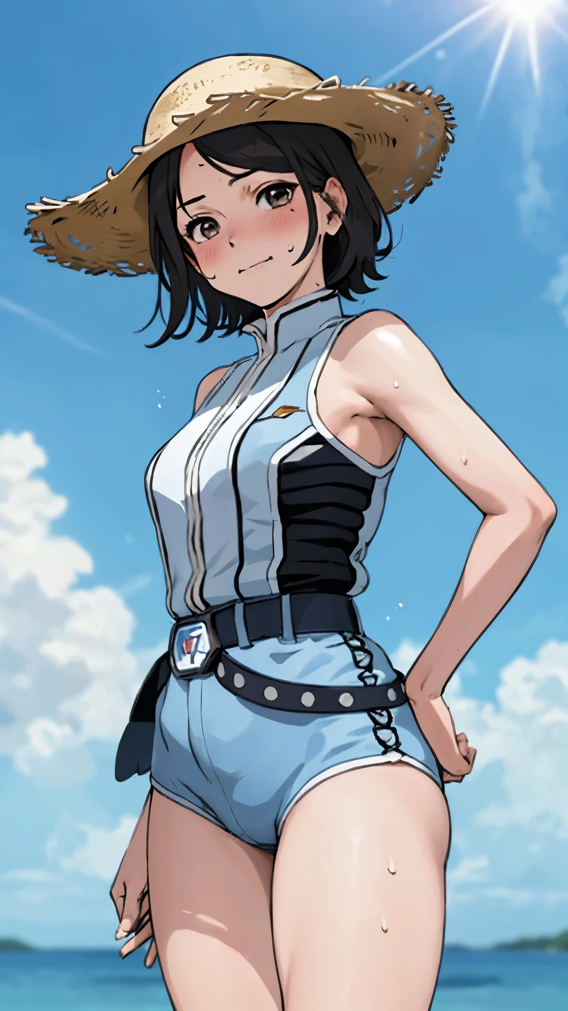 masterpiece, best quality, solo,1girl,looking at viewer,, cowboy shot,sea,anime style,
 anne、Ultra Guard Interior、Midsummer sun background、Very hot look、Sweating profusely on the face、Bring out the armpits、Show off your thighs、Sweaty legs、Cool Biz、Covered in sweat
