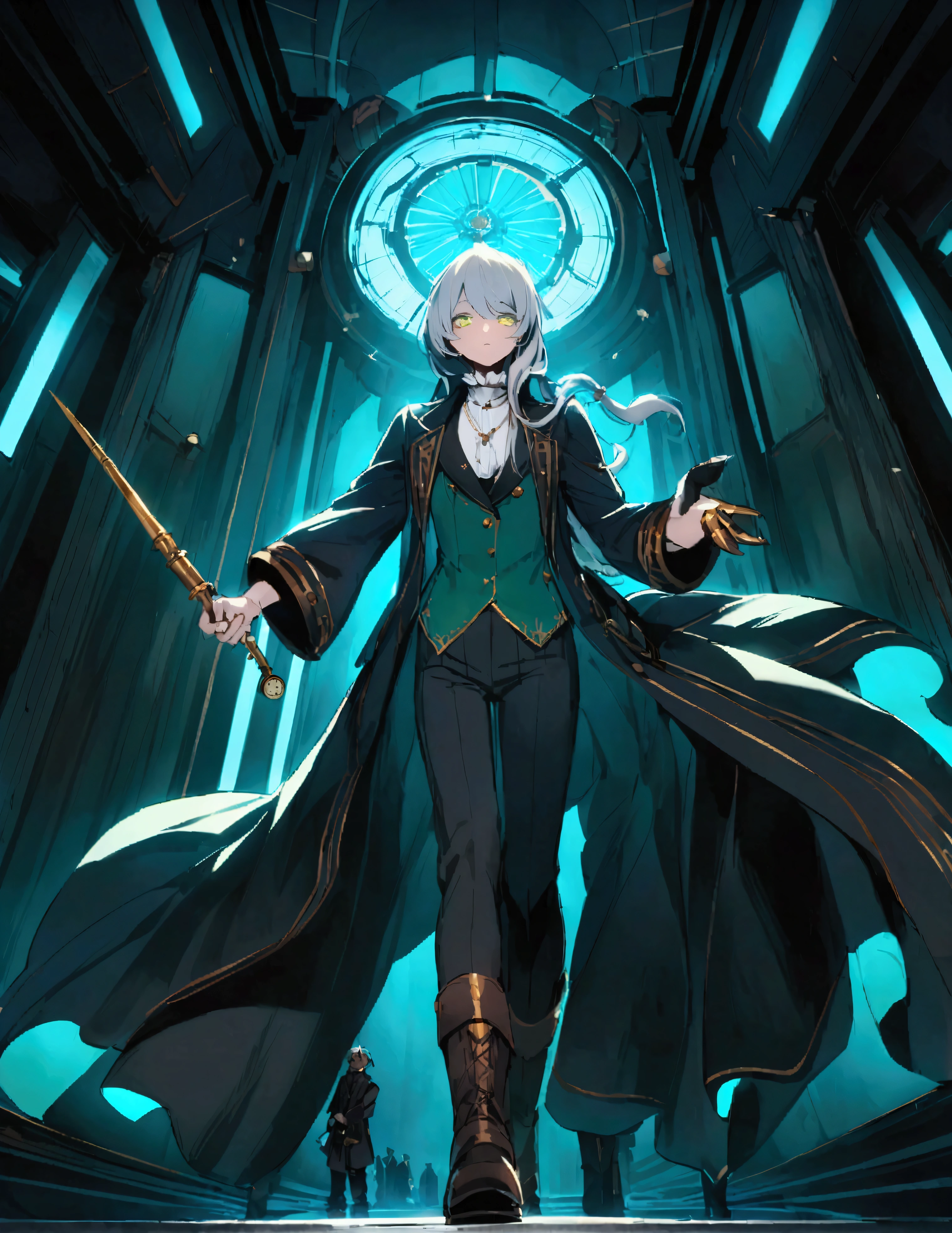 A mysterious (The figure stands tall and imposing, with a lean build suggesting both agility and age. Their face is angular, with piercing eyes that convey wisdom beyond human years. They have tousled gray hair that seems to defy gravity, giving them an eccentric air. The figure wears an outfit that's a mix of Victorian and futuristic elements: 1. A long, high-collared coat in a deep burgundy color, with subtle swirling patterns embroidered in gold thread. 2. Underneath, a waistcoat in a contrasting emerald green, adorned with brass buttons and a pocket watch chain. 3. A crisp white shirt with a ruffled collar peeking out at the neck. 4. Dark trousers tucked into tall, well-worn leather boots. 5. Around their neck, an unusually long scarf in various shades of blue, its ends trailing dramatically behind them. 6. In one hand, they hold a strange device - part wand, part screwdriver, emitting a soft green glow. Their posture is defiant, chin raised slightly, conveying a sense of authority and determination in the face of danger. Despite the chaos around them, there's a hint of a smile playing at the corners of their mouth, suggesting a love for adventure.
)figure in a long coat stands in a dimly lit, retro-futuristic control room. Around them, silver humanoid robots with blank expressions advance menacingly. In the background, shadowy figures in dark military-style uniforms lurk ominously. The control room features a central console with flashing lights and levers, surrounded by curved walls with circular indentations. Eerie blue light emanates from various sources, casting long shadows. The atmosphere is tense and foreboding, with a clash between 1960s sci-fi aesthetics and a darker, more sinister tone.
