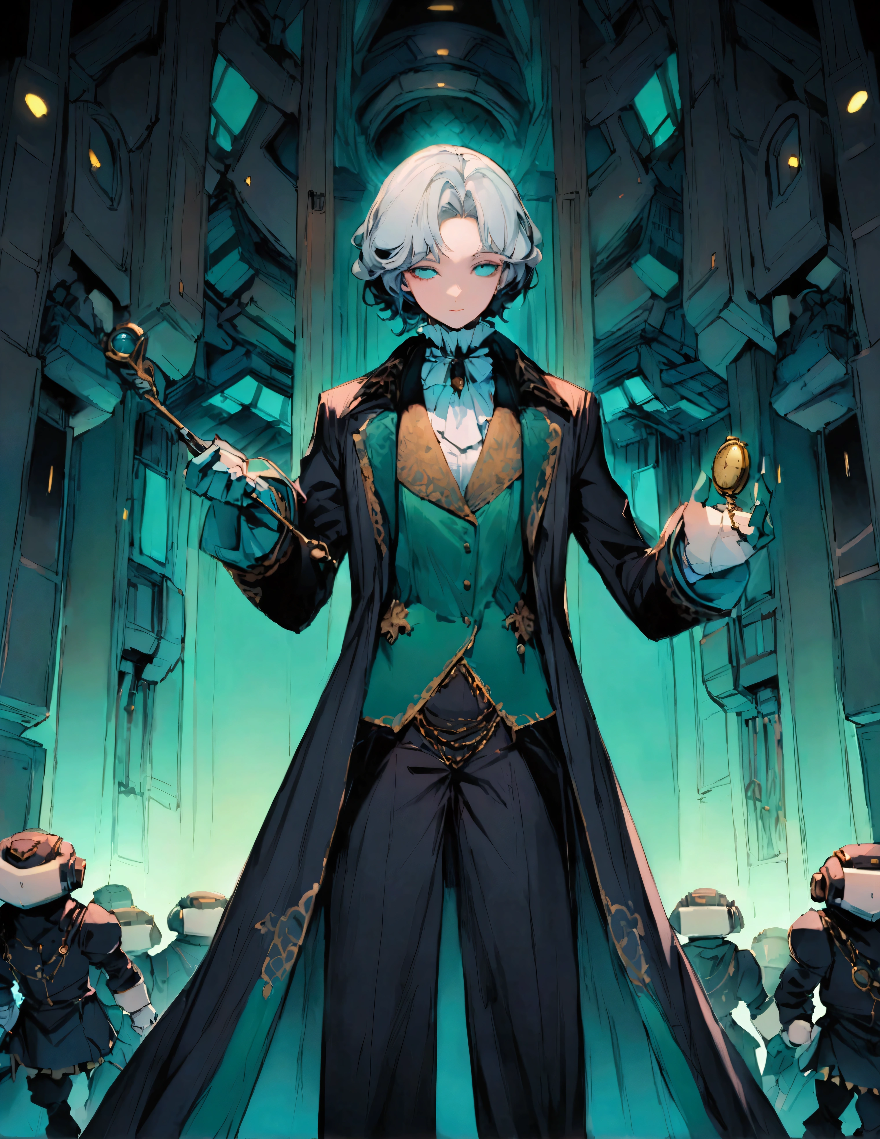 A mysterious (The figure stands tall and imposing, with a lean build suggesting both agility and age. Their face is angular, with piercing eyes that convey wisdom beyond human years. They have tousled gray hair that seems to defy gravity, giving them an eccentric air. The figure wears an outfit that's a mix of Victorian and futuristic elements: 1. A long, high-collared coat in a deep burgundy color, with subtle swirling patterns embroidered in gold thread. 2. Underneath, a waistcoat in a contrasting emerald green, adorned with brass buttons and a pocket watch chain. 3. A crisp white shirt with a ruffled collar peeking out at the neck. 4. Dark trousers tucked into tall, well-worn leather boots. 5. Around their neck, an unusually long scarf in various shades of blue, its ends trailing dramatically behind them. 6. In one hand, they hold a strange device - part wand, part screwdriver, emitting a soft green glow. Their posture is defiant, chin raised slightly, conveying a sense of authority and determination in the face of danger. Despite the chaos around them, there's a hint of a smile playing at the corners of their mouth, suggesting a love for adventure.
)figure in a long coat stands in a dimly lit, retro-futuristic control room. Around them, silver humanoid robots with blank expressions advance menacingly. In the background, shadowy figures in dark military-style uniforms lurk ominously. The control room features a central console with flashing lights and levers, surrounded by curved walls with circular indentations. Eerie blue light emanates from various sources, casting long shadows. The atmosphere is tense and foreboding, with a clash between 1960s sci-fi aesthetics and a darker, more sinister tone.