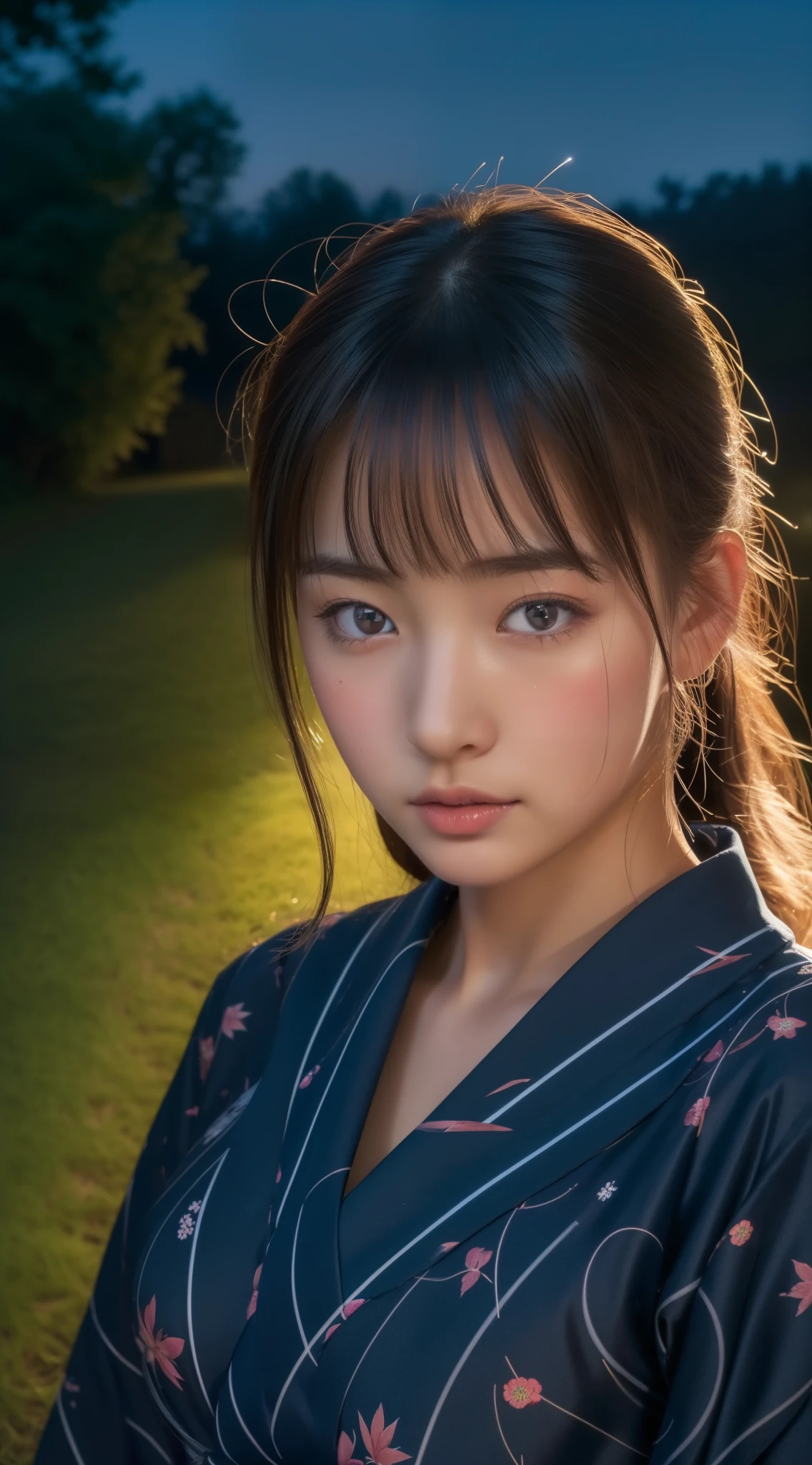 ((Night road in the countryside:1.5))、Fireworks are set off in the sky、((Young woman in yukata:1.3))、(masterpiece、top-quality) 、Soft lighting、absolutely outstanding image, very extremely beautiful、masterpiece, top-quality,Photos, kawaii、(Colossal tits:1.2)、20 year old girl、(The skin is reddened:1.3)、Young adorable Japan face, dewy skin, close up of face, Young Face, soft portrait shot 8 k, If々Shishi Japan girl realistic young idol、Young cute gravure idol、Young Sensual Gravure Idol、Young gravure idolodel in Japan