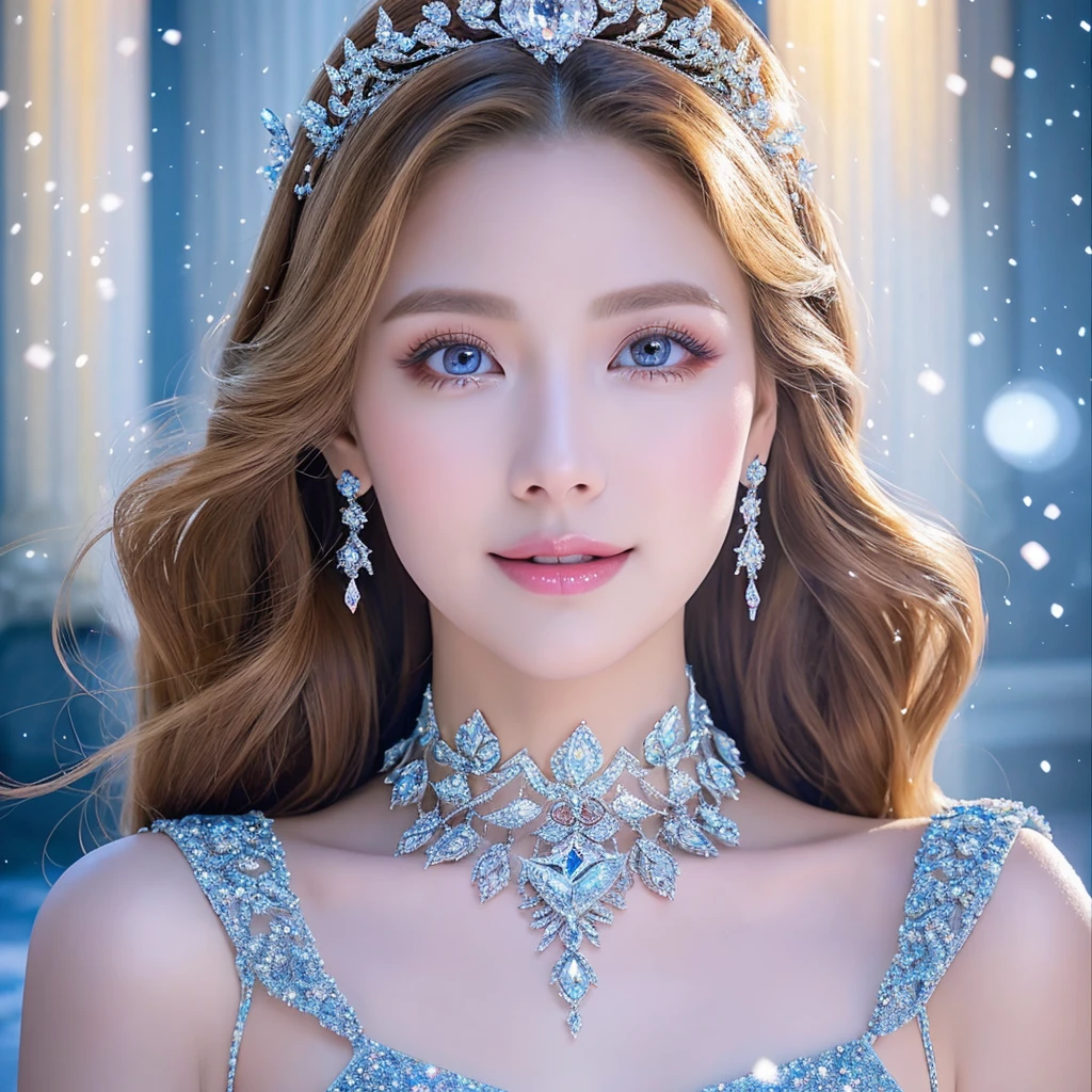 ((highest quality8K、best image quality、extremely complex and detailed depiction))、one snow princess、(The most detailed and luxurious shining ice palace cathedral:1.2)、(Inside a huge palace made of the most fantastic ice and crystals:1.2)、(The most fantastic cathedral made of intricate glowing ice:1.2)、(A palace made of intricately shining transparent ice:1.2)、Elegant palace pillars made of ice and crystal、(A symmetrical composition from the front:1.2)、palace decorated with jewels、Inside the symmetrical palace、very romantic、sacred and mysterious palace、(Filled with a fantastic light blue light:1.1)、Beautiful shining crystal、The most luxurious and highest quality giant tiara、The most luxurious and highest quality giant necklace、big and full 、skin as white as snow、glowing skin、(A glittering silver-white jeweled dress of the highest quality:1.1)、sexyansparent white snow dress、elegant decoration、Diamond Decoration、artistic decoration、Luxury beyond imagination、skin as white as snow、eyeshadow, long eyelashes, light blue eyes,glowing skin、Dresses that shine in silver、jewelry embellishments、Luxury beyond imagination、The most gorgeous decorations in the world、Diamond dust、The most realistic and complex backgrounds、Highly detailed and realistic background、the best smile when you look at me、shining snow is falling、(Princess upper body photo:1.1)、(blurred background:1.1)、(Filled with fantastic, fairy-tale lights:1.1)、(beautiful blond hair:1.1)、epic movie lighting、Natural forehead、Complex and detailed background、the most subtle fantastic brilliance、Backgrounds with depth,makeup face, korean girl,makeup face