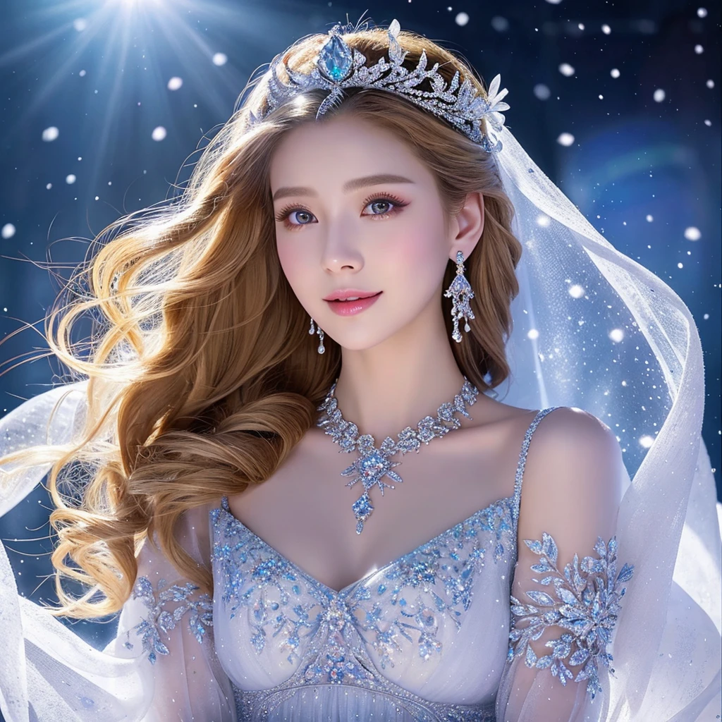 ((highest quality8K、best image quality、extremely complex and detailed depiction))、one snow princess、(The most detailed and luxurious shining ice palace cathedral:1.2)、(Inside a huge palace made of the most fantastic ice and crystals:1.2)、(The most fantastic cathedral made of intricate glowing ice:1.2)、(A palace made of intricately shining transparent ice:1.2)、Elegant palace pillars made of ice and crystal、(A symmetrical composition from the front:1.2)、palace decorated with jewels、Inside the symmetrical palace、very romantic、sacred and mysterious palace、(Filled with a fantastic light blue light:1.1)、Beautiful shining crystal、The most luxurious and highest quality giant tiara、The most luxurious and highest quality giant necklace、big and full 、skin as white as snow、glowing skin、(A glittering silver-white jeweled dress of the highest quality:1.1)、sexyansparent white snow dress、elegant decoration、Diamond Decoration、artistic decoration、Luxury beyond imagination、skin as white as snow、eyeshadow, long eyelashes, light blue eyes,glowing skin、Dresses that shine in silver、jewelry embellishments、Luxury beyond imagination、The most gorgeous decorations in the world、Diamond dust、The most realistic and complex backgrounds、Highly detailed and realistic background、the best smile when you look at me、shining snow is falling、(Princess upper body photo:1.1)、(blurred background:1.1)、(Filled with fantastic, fairy-tale lights:1.1)、(beautiful blond hair:1.1)、epic movie lighting、Natural forehead、Complex and detailed background、the most subtle fantastic brilliance、Backgrounds with depth,makeup face, korean girl,makeup face
