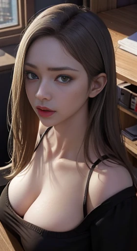 detailed background、knowledgeable person、detailed face、Beautiful girl with realistic black eyes, pale skin, medium length black hair,,, perfect face, perfect eyes,Sweat,vapor,Lower school year、very detailed, comprehensive movie, digital painting, 8K, cinematic lighting, highest quality, High resolution, Fine work, Post-processing, perfect result, surreal、Gonzo entrance、Pause、Huge 、big valley、office lady、Angle from above、