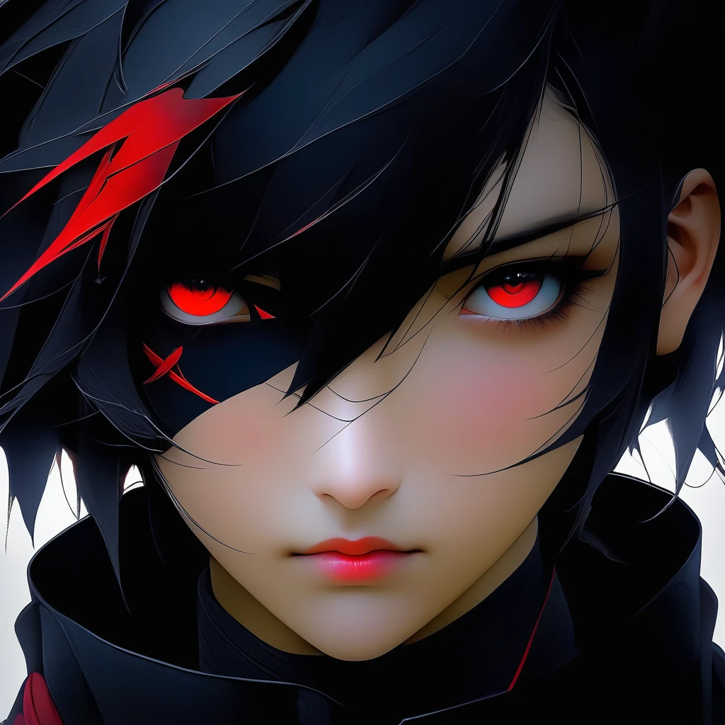 girl, red eyes, eye patch, short black hair, seroius face