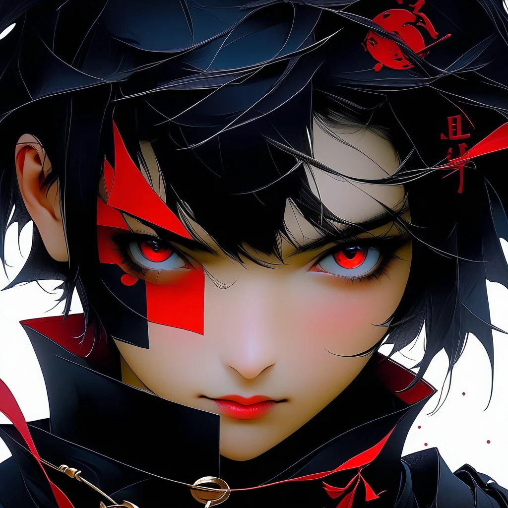 girl, red eyes, eye patch, short black hair, seroius face