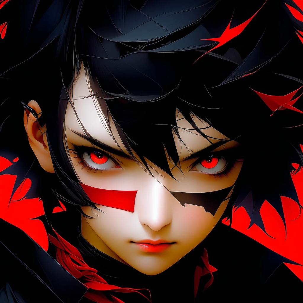 girl, red eyes, eye patch, short black hair, seroius face
