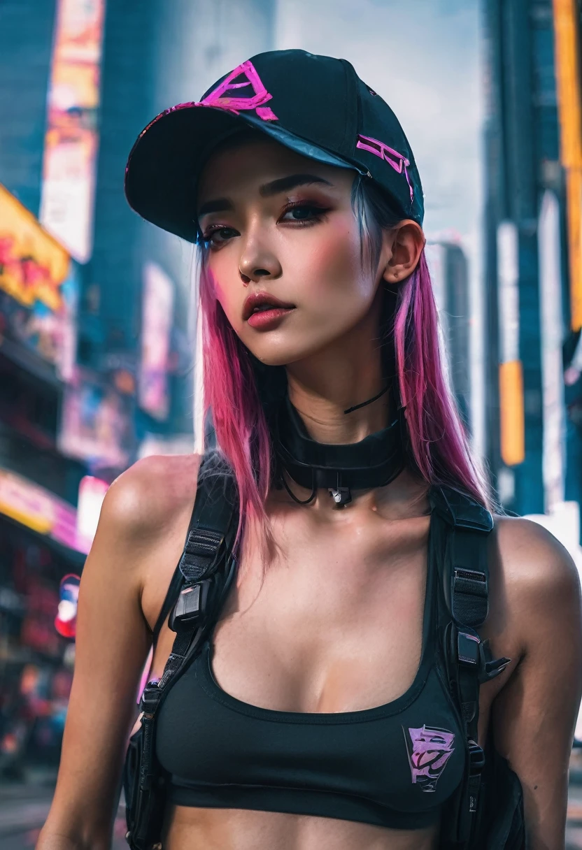 Araffe woman wearing baseball cap and shorts posing for a photo, cyberpunk streetwear, 🌺 society, cyberpunk 2 0 years. o model girl, in the cyberpunk city, by Russell Dongjun Lu, It has cyberpunk style, [ trending on society ]!!, cyberpunk beautiful girl, cyberpunk atmosphere, cyberpunk girl, Hyperrealistic cyberpunk style, in cyberpunk style