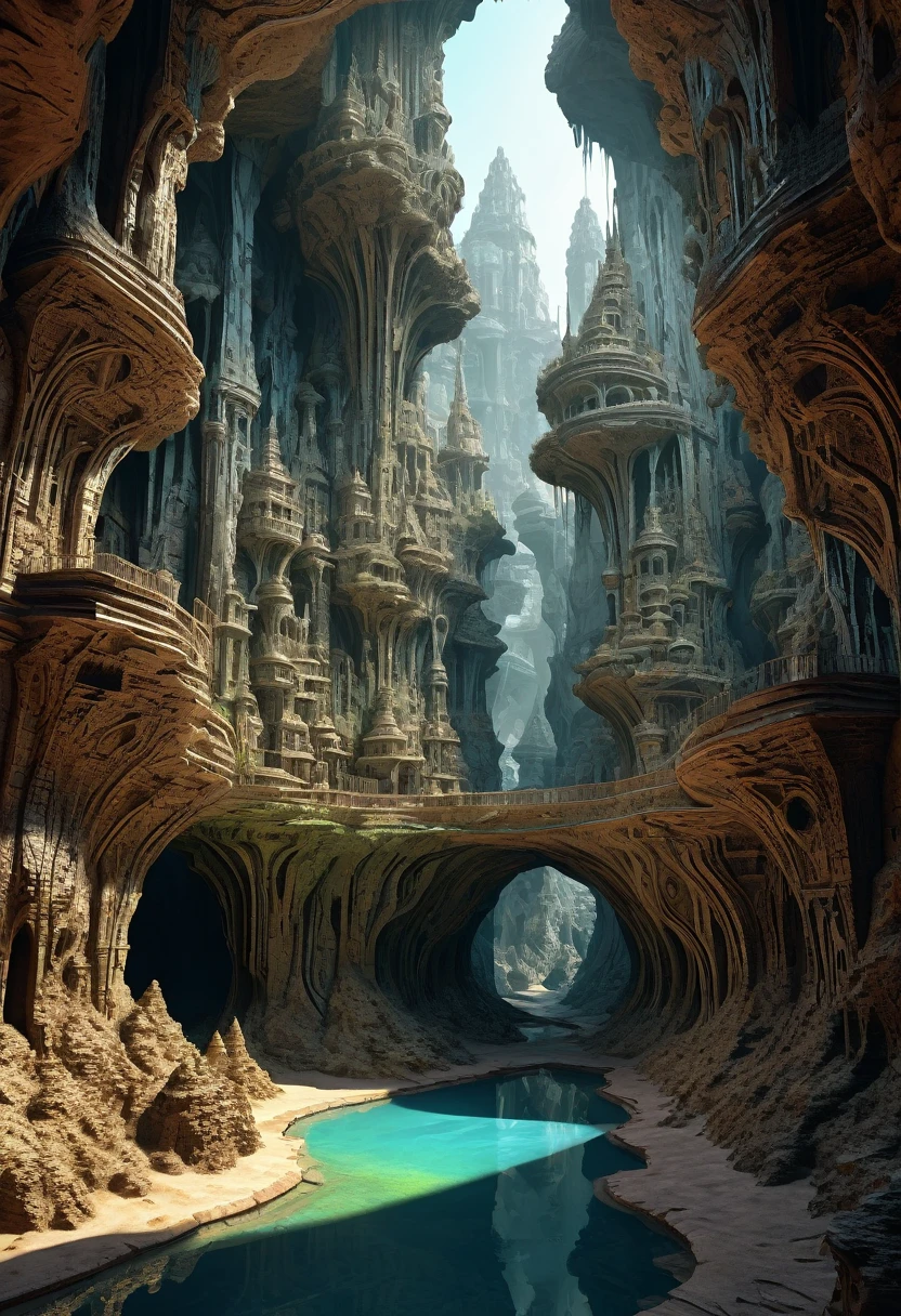 there are many inverted cavities (different rooms, joined by mandelbulb projections that form passages) in the middle of an underground canyon that makes up a mandelbulb mud village at different heights with many balconies and stalactites and stalactites, fantasy architecture, Highly detailed 4k digital art, beautiful detailed fantasy, stunning fantasy landscape, detailed fantasy digital art, arstation and beep highly, fantasy style octane 8k rendering, stuning fantasy 3d rendering, 4k detail fantasy, fantasy 3d rendering, 3D rendering beep, deep masive desert landscape, stalacmite cave laberinto very confuse type geonosis bubbes