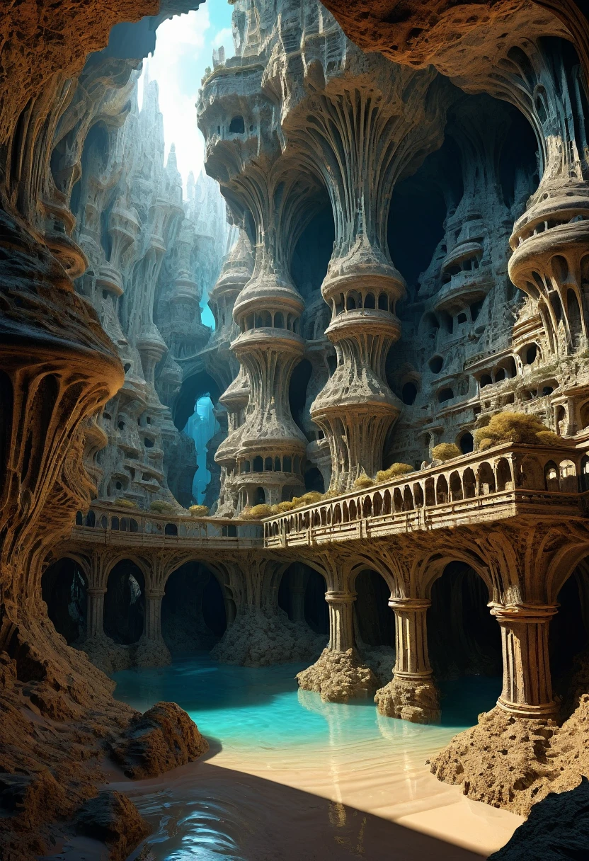 there are many inverted cavities (different rooms, joined by mandelbulb projections that form passages) in the middle of an underground canyon that makes up a mandelbulb mud village at different heights with many balconies and stalactites and stalactites, fantasy architecture, Highly detailed 4k digital art, beautiful detailed fantasy, stunning fantasy landscape, detailed fantasy digital art, arstation and beep highly, fantasy style octane 8k rendering, stuning fantasy 3d rendering, 4k detail fantasy, fantasy 3d rendering, 3D rendering beep, deep masive desert landscape, stalacmite cave laberinto very confuse type geonosis bubbes