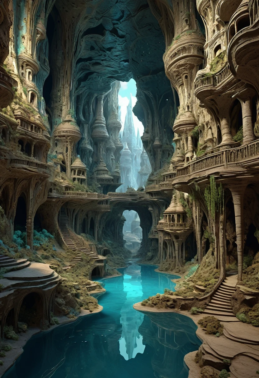 there are many inverted cavities (different rooms, joined by mandelbulb projections that form passages) in the middle of an underground canyon that makes up a mandelbulb mud village at different heights with many balconies and stalactites and stalactites, fantasy architecture, Highly detailed 4k digital art, beautiful detailed fantasy, stunning fantasy landscape, detailed fantasy digital art, arstation and beep highly, fantasy style octane 8k rendering, stuning fantasy 3d rendering, 4k detail fantasy, fantasy 3d rendering, 3D rendering beep, deep masive desert landscape, stalacmite cave laberinto very confuse type geonosis bubbes